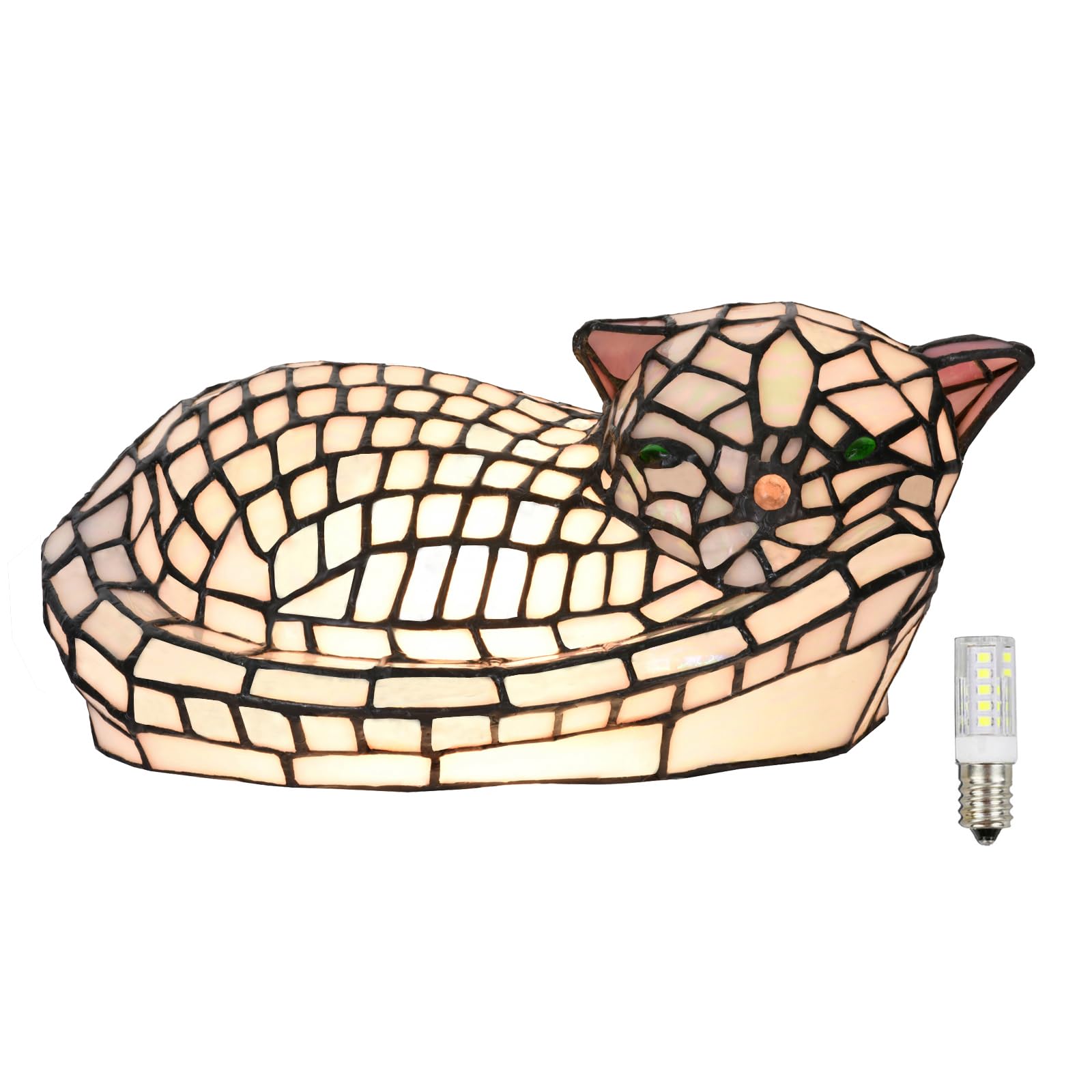 HomeBeauty A0013 Cute Sleeping Cat Tiffany Style Table Lamp  11.5 L x 7.125 W x 5.5 H  Handmade Stained Glass Night Light for Livingroom Bedroom Home Decoration  LED Bulb Included (Sleeping Cat)