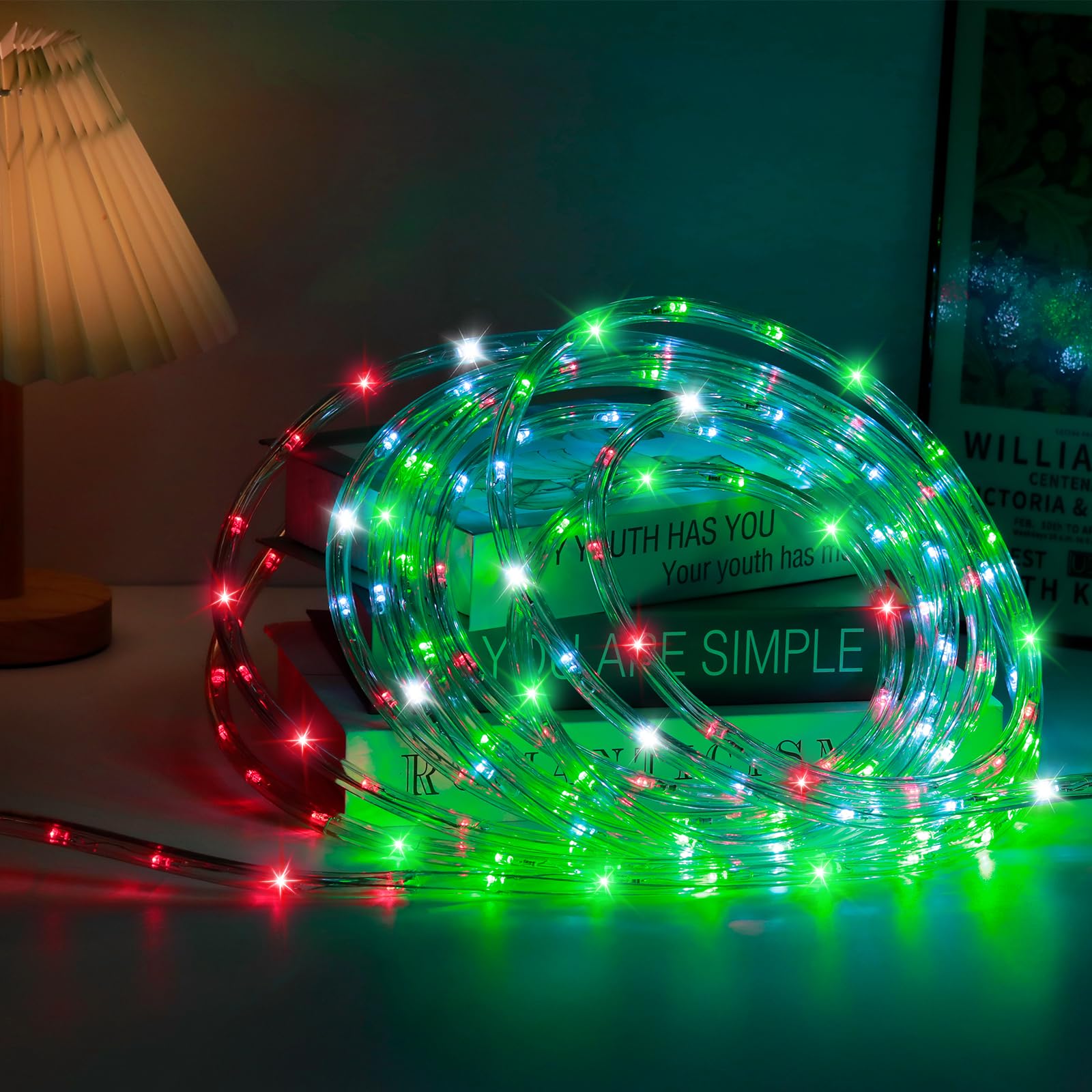 DINGFU 50ft LED Waterproof Rope Lights, PVC Tube, Connectable Indoor/Outdoor, RED+White+Green, Model YLRL-15-120V