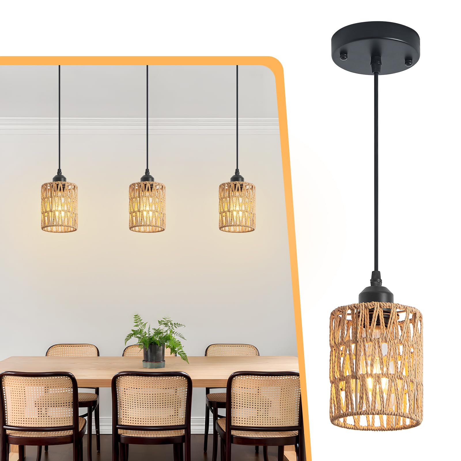 OTeedo 3 Pack Rattan Chandelier Pendant Lights Kitchen Island,Farmhouse Boho Chandeliers Adjustable Height Hanging lamp for Dini