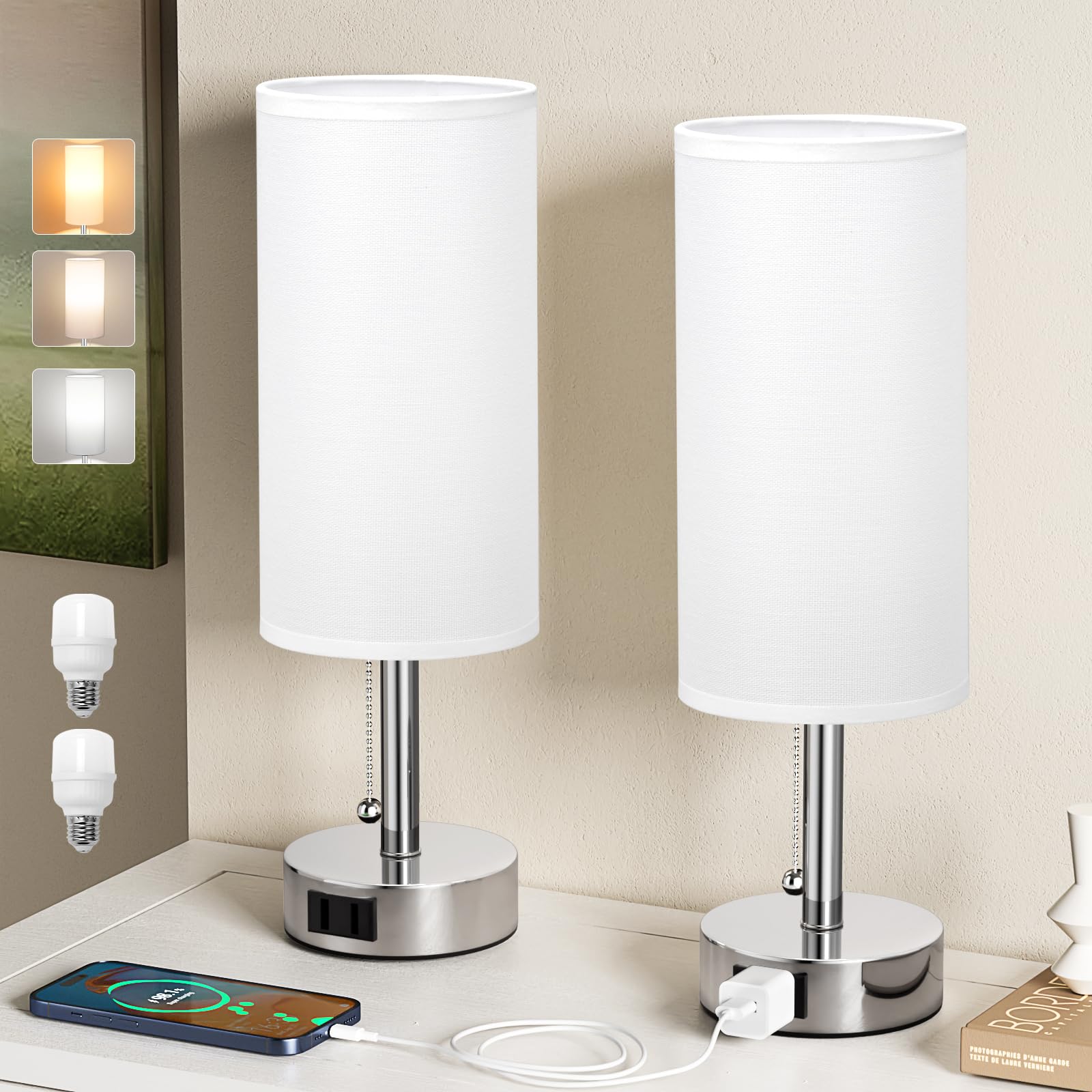 Fenmzee White Silver Bedside Table Lamps Set of 2-3 Color Temperatures Pull Chain Lamp with AC Outlet Charging Port, Two Round N