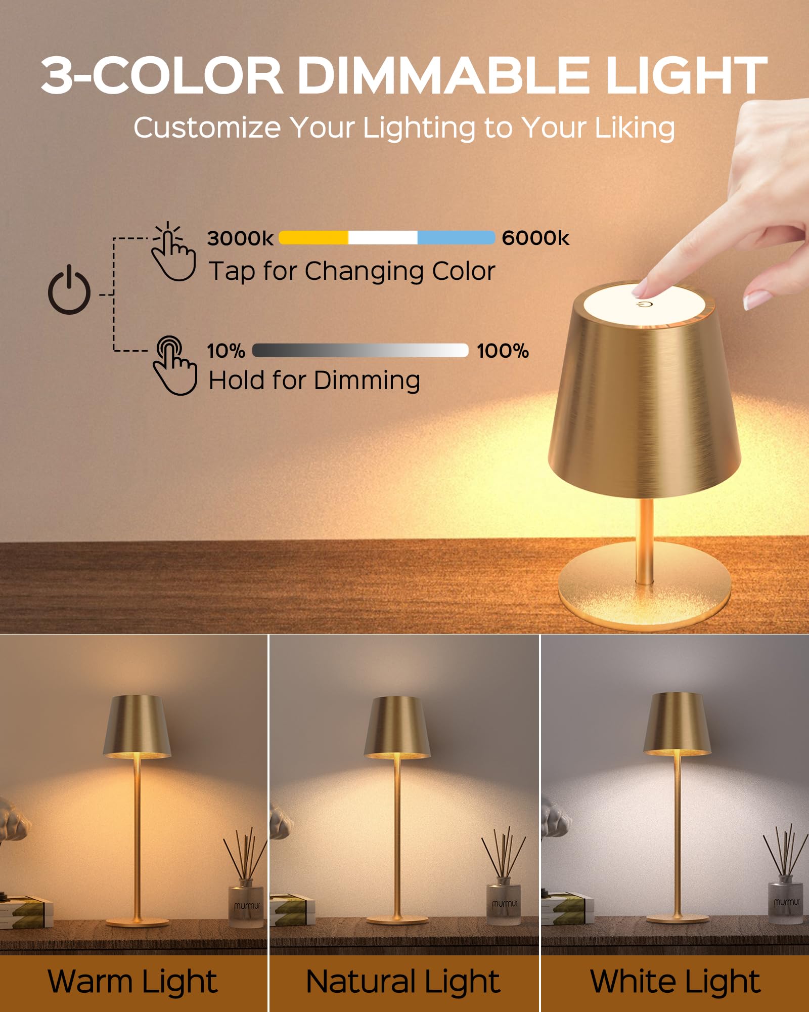 JACKYLED Cordless Table Lamps, 5000mAh Battery, 3 Height Settings, LED, Waterproof, Gold, 2 Pack, Model JKTL02-7005402B