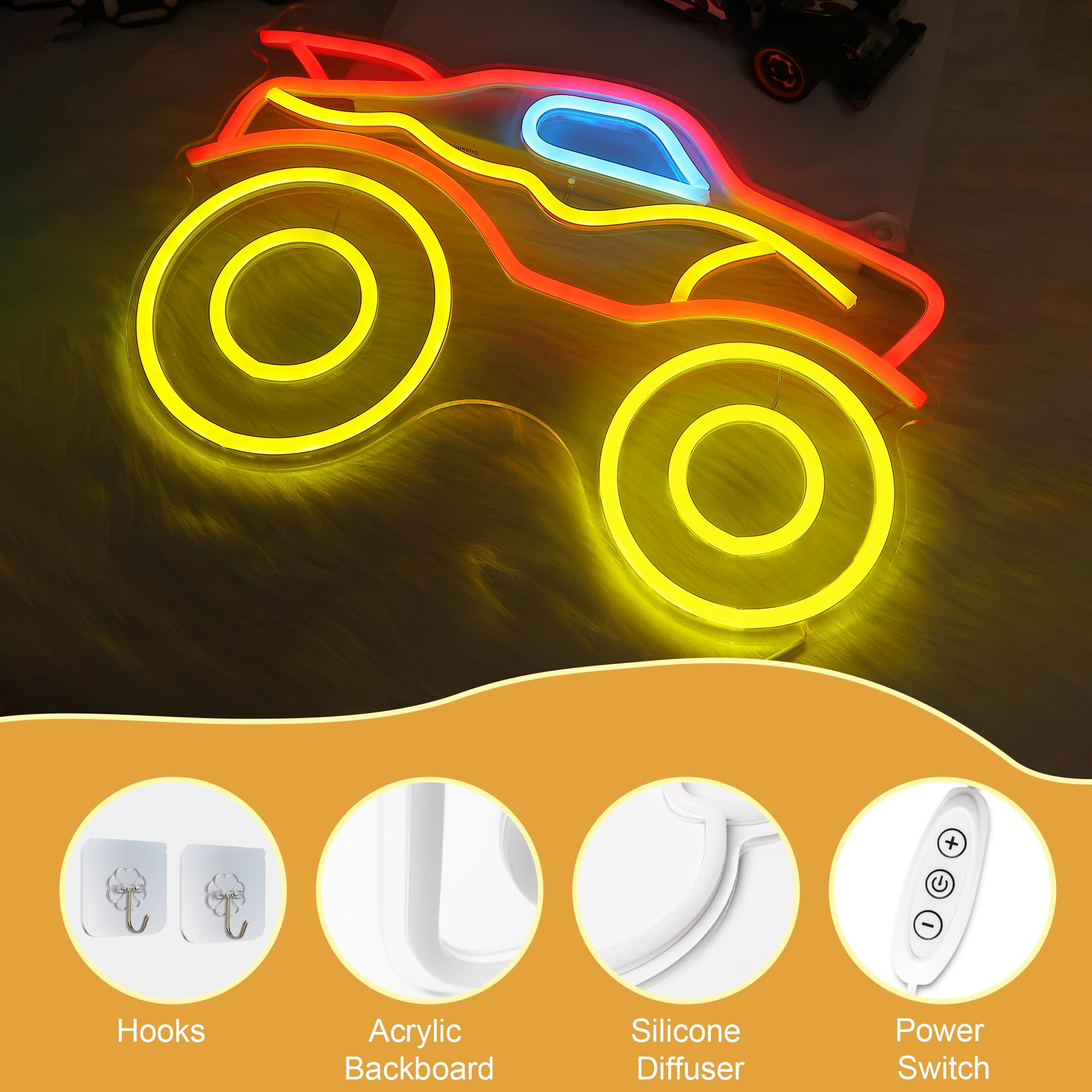 CoolGift Mart Monster Truck Neon Light, Dimmable LED Truck Neon Wall Sign USB Powered with 4-Color Lights, for Bedroom Living Ro
