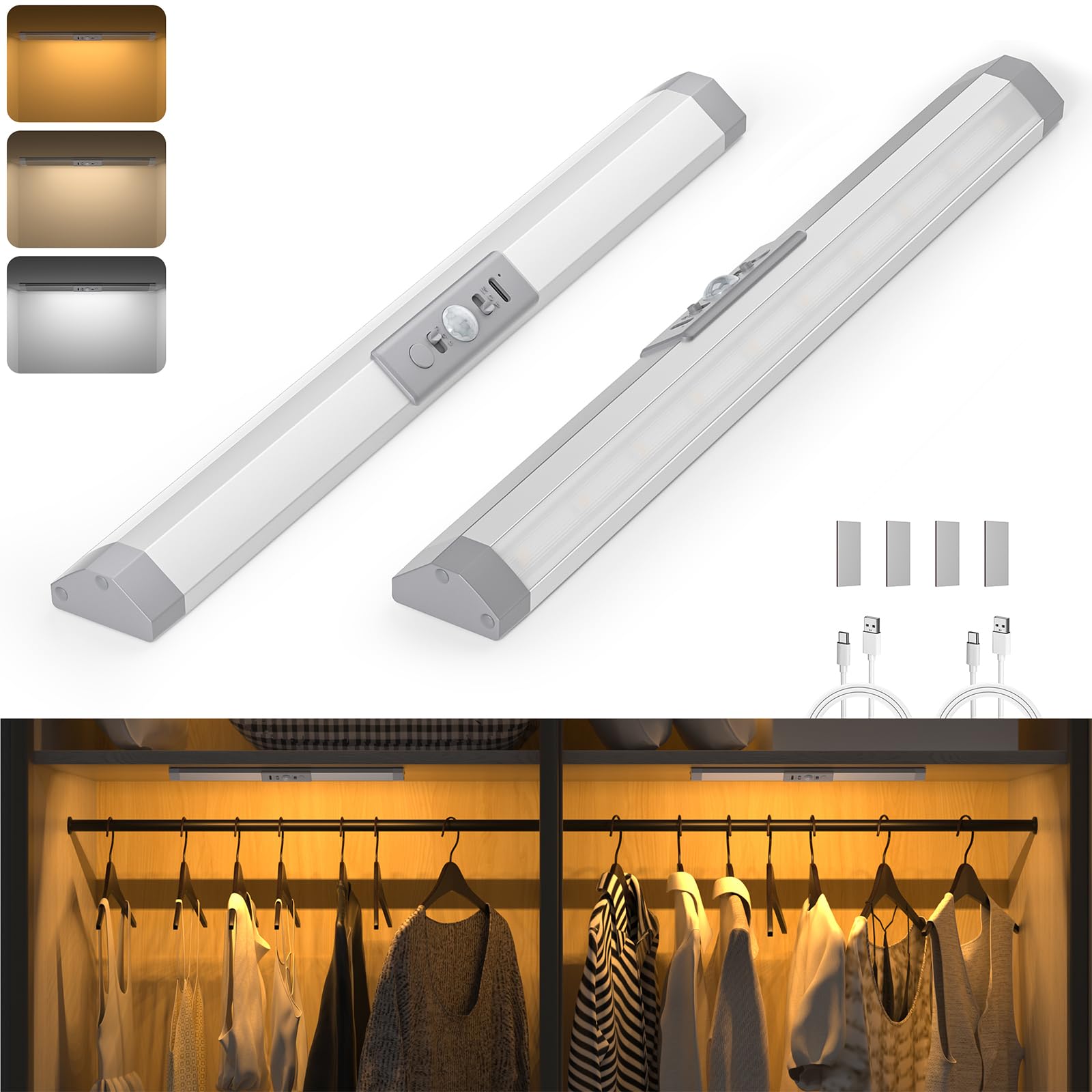 Wobane Closet Lights Motion Sensored With Eye-Protection Rechargeable Led Wardrobe Lighting With 3 Color 12 Inch Dimmable Wireless Battery Operated Light Indoor For Stair Pantry Hallway 900Mah 2Pcs