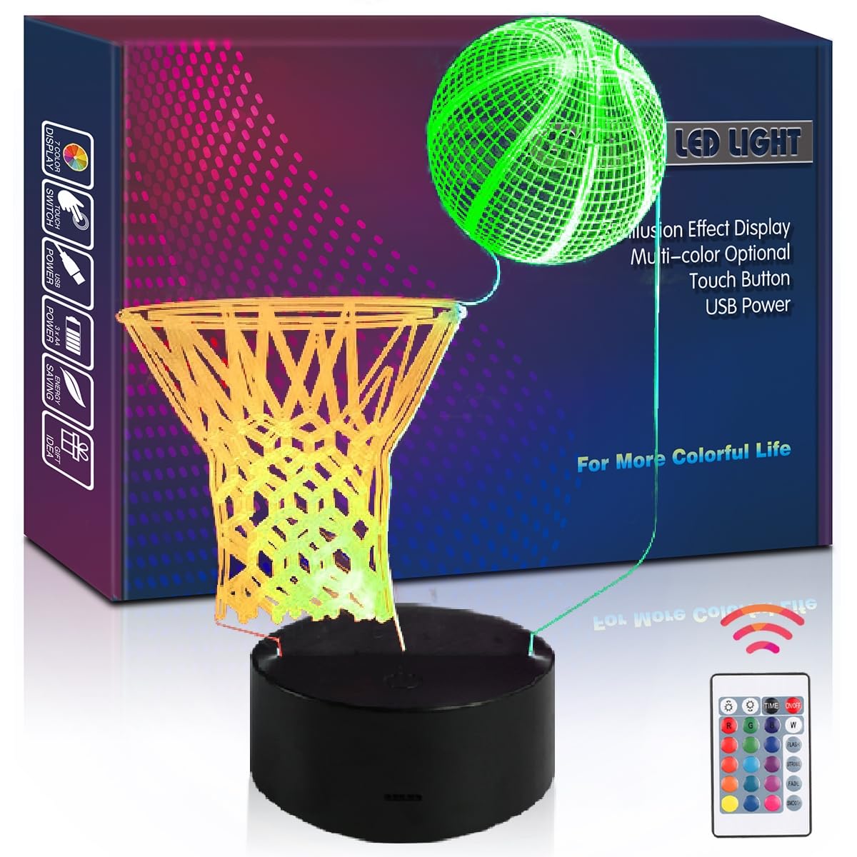 Hipiya Basketball Hoop Lamp Led 3D Illusion Usb Night Light School Present Birthday Gift For Sports Fan Player Teenager Men Boy Kid Bedroom Decoration Room Decor (Basketball)