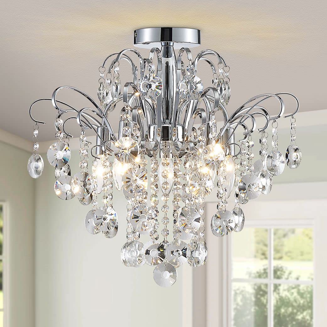 Wuzups Chrome Crystal Chandelier Ceiling Light, Modern Flushmount, 17.5&quot; X 19.3&quot; For Home