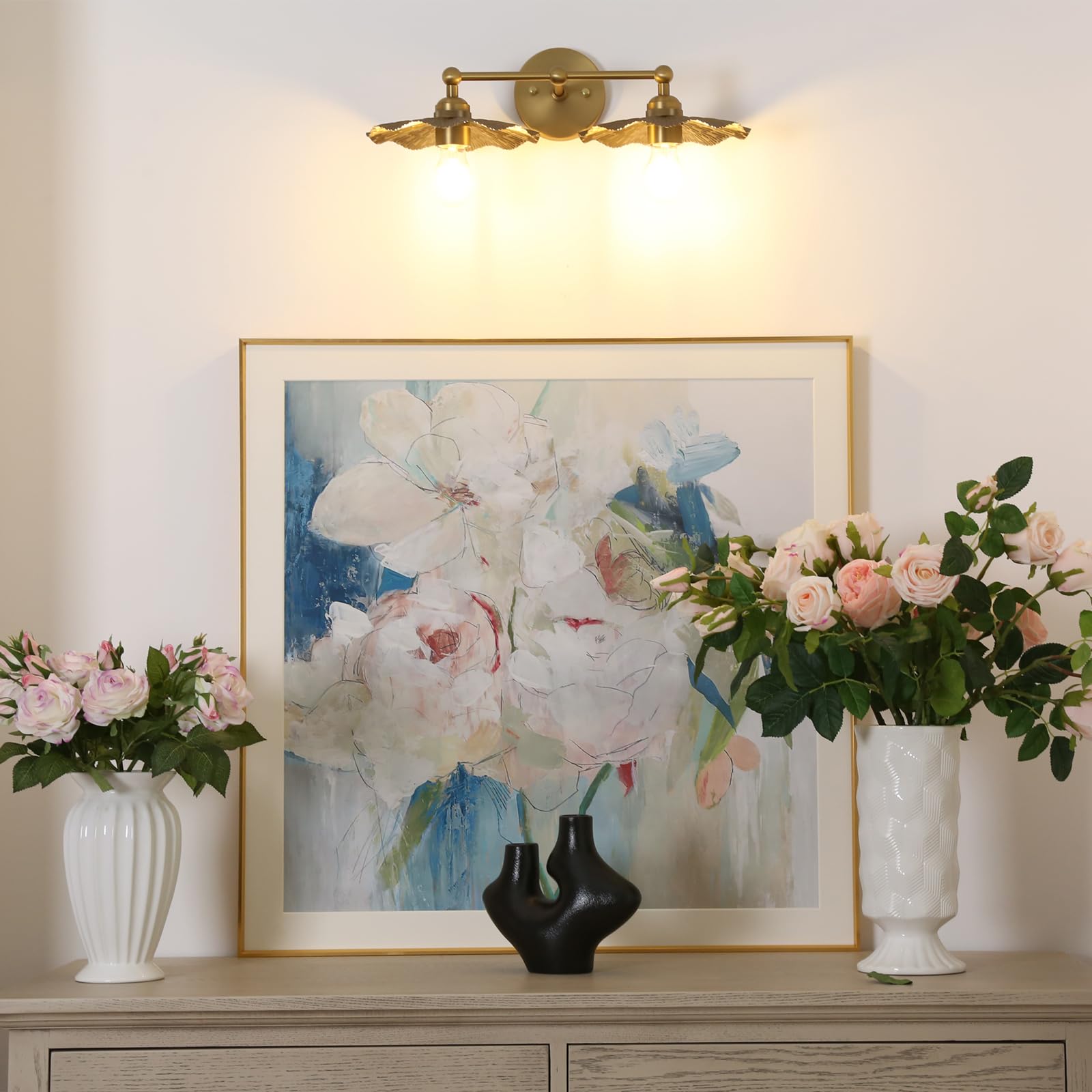 Pathson Vintage Metal Wall Sconce, 2-Light Brass Flower Design, Hardwired Fixture for Living Room, Hallway, Bedside Decor