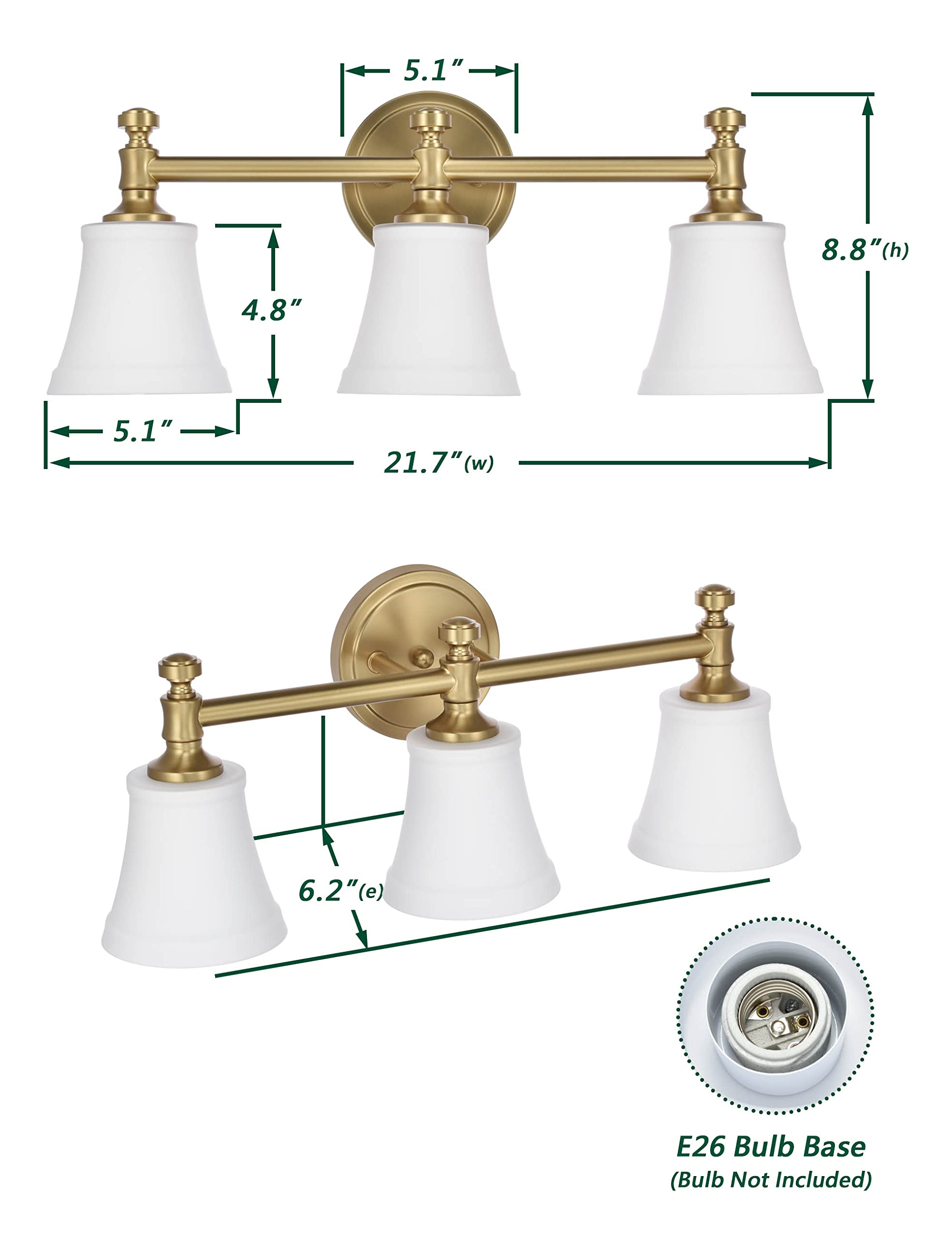 Hanaloa Aged Brass 3-Light Bathroom Vanity Light Fixture with Opal Glass Shade, Model VA0045-3-AGB, Wall Sconce for Porch and Hallway