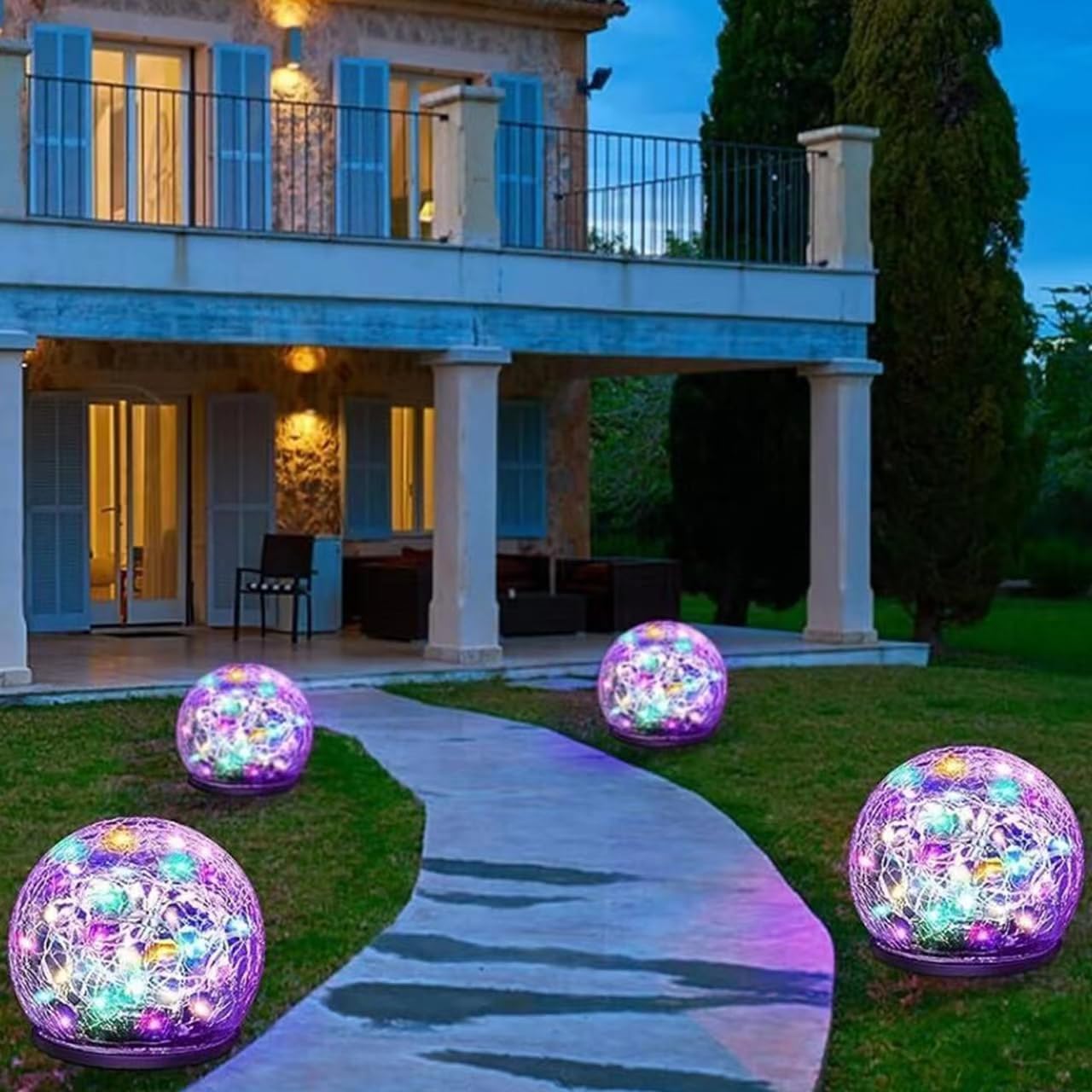 Keevvon Solar Garden Lights, 4 Pack 120 LED Multicolor  ed Glass, Waterproof Ball Lights, 3.94in for Patio Lawn Decor
