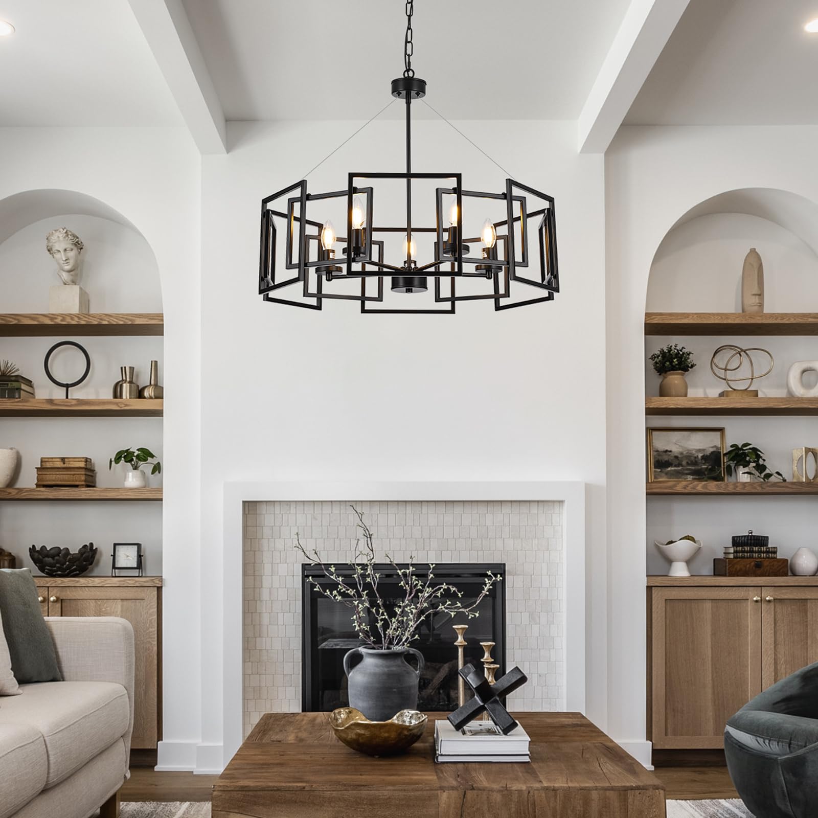 5-Light Black Geometric Chandelier,Height Adjustable Industrial Chandelier For Dining Room,Modern Farmhouse Chandelier Light Fix