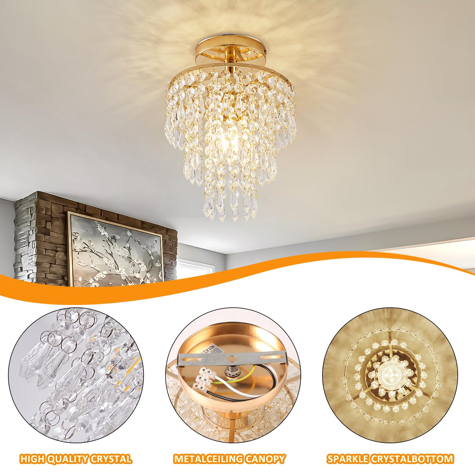 Modern Mini Crystal Chandelier, 3-Tier Raindrops Design Small Chandelier Light Fixture, Flush Mount Ceiling Light Fixture For Bedroom, Hallway, Living Room - E26 Base, Chandelier For Bedroom (Gold)