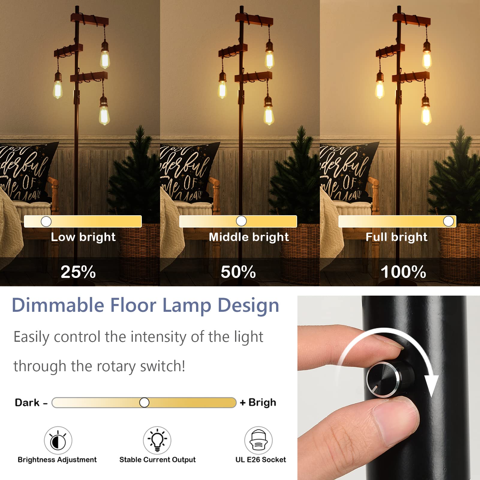 Dimmable Industrial Floor Lamp, Farmhouse Tree Floor Lamp, 68 Inch 3 Lights Wood Standing Lamp, Sturdy Base Tall Vintage Pole Light, Metal Black Floor Lamps For Living Room Bedroom Office Rustic Home