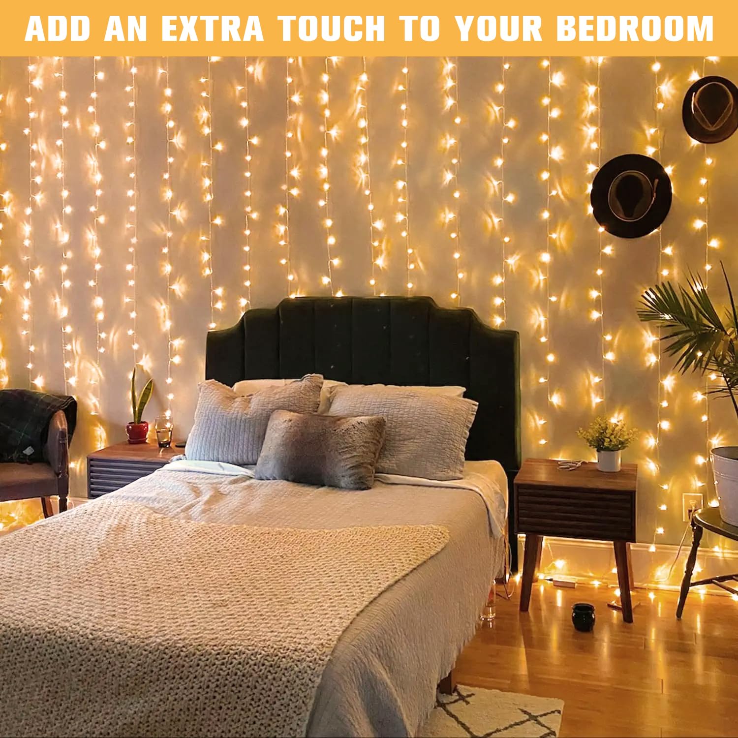 JMEXSUSS 600 LED Curtain String Lights, 19.6x9.5ft, Warm White, 8 Modes, Indoor/Outdoor Decor for Bedroom, Wedding, Party, Xmas