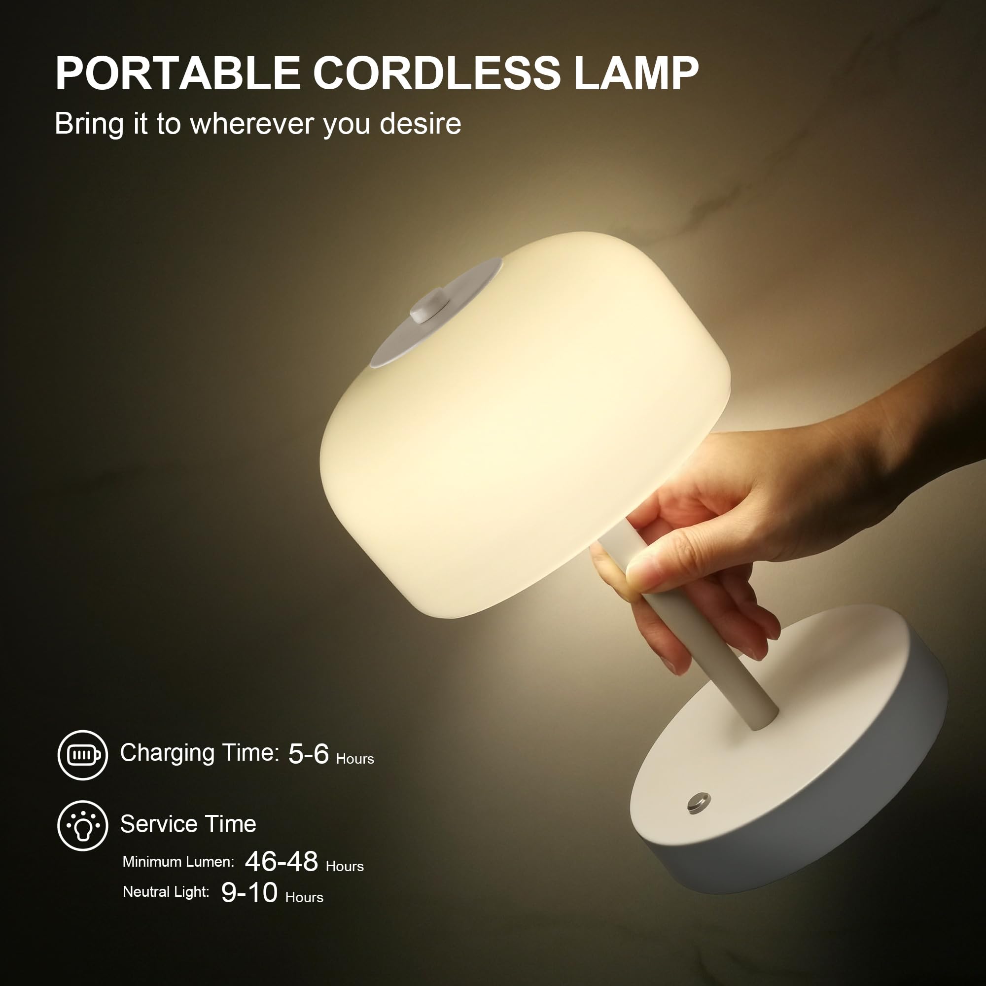 Oneach Portable Cordless Table Lamp, Rechargeable Battery Powered Lamp with Opal Glass Shade, 3-Way Dimmable LED Touch Mushroom