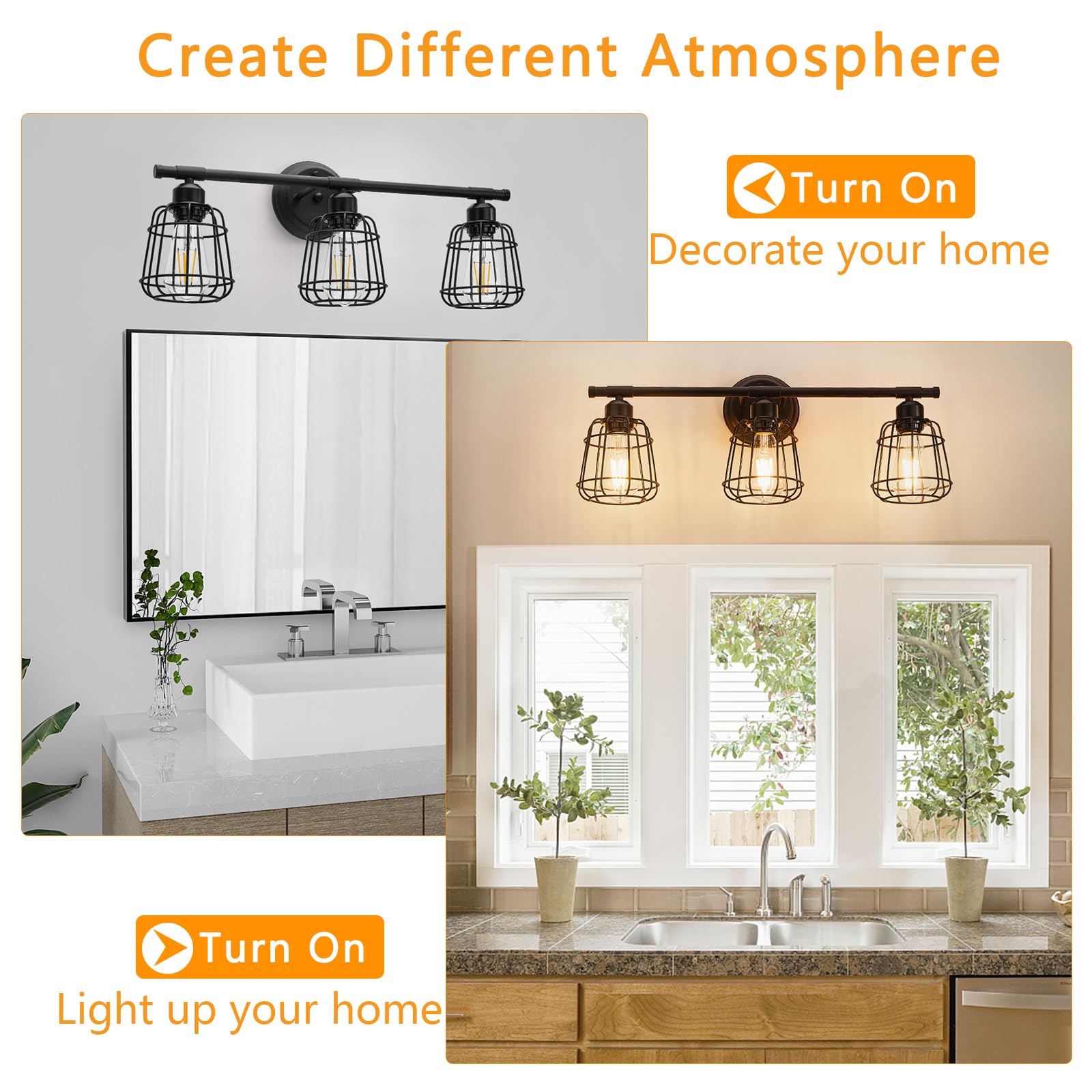 Elibbren 3-Light Bathroom Vanity Light, Matte Black Metal Cage Fixtures, E26 Base, UL Listed, Model xinlongzi_cggz