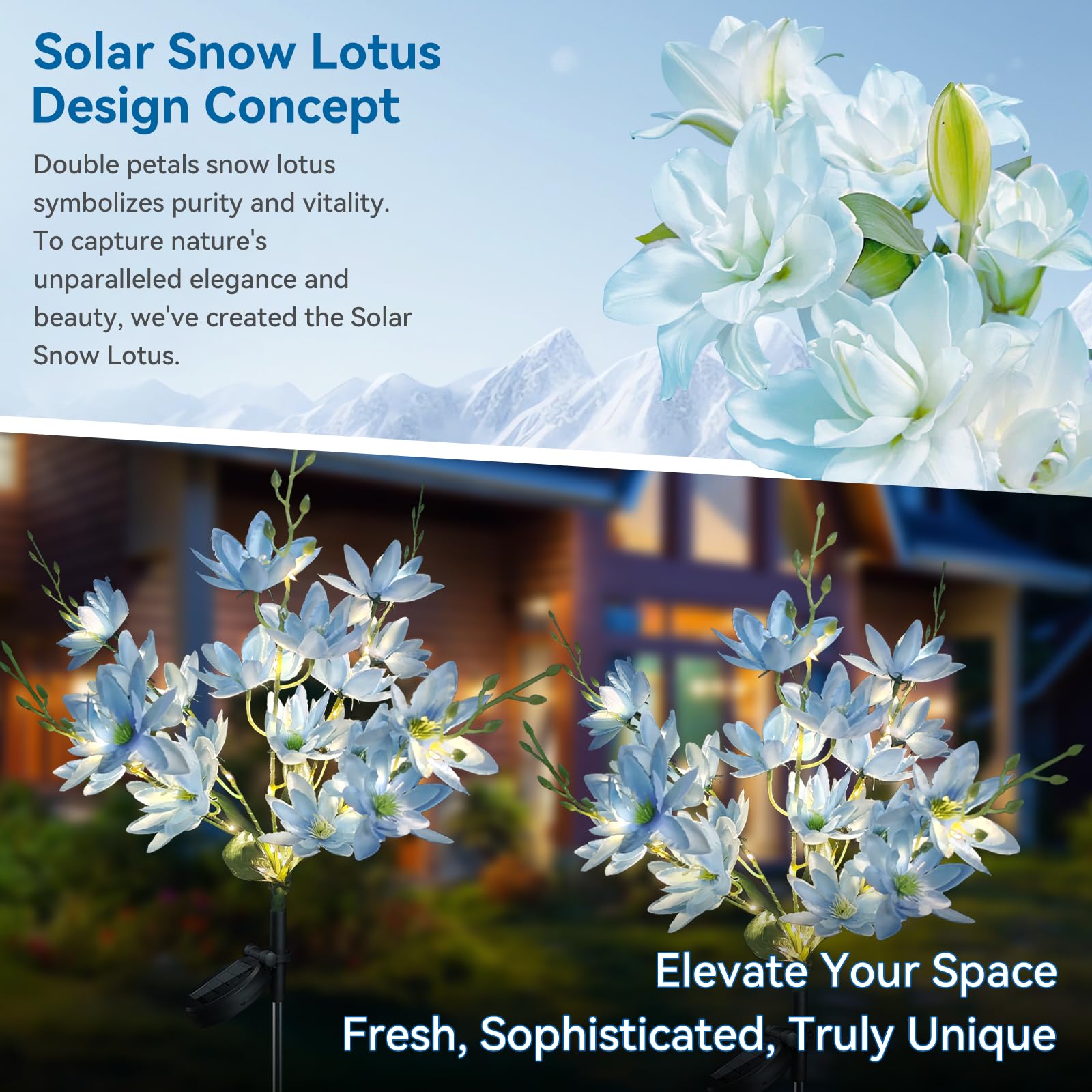 Neporal Solar Flowers 5-Head Snow Lotus, Waterproof IP65, Warm LED Light, 2 Packs, Blue