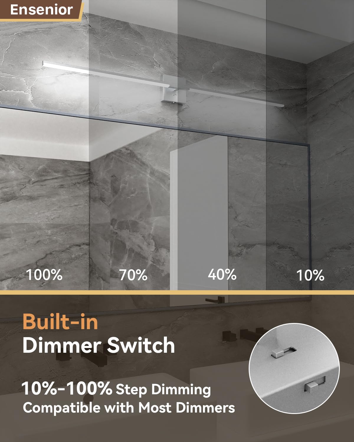 Ensenior Modern Bathroom Vanity Light 48 Inch, Built-In Dimmer, 28W Dimmable 5Cct Led Light Fixture Over Mirror, Silver Bar For