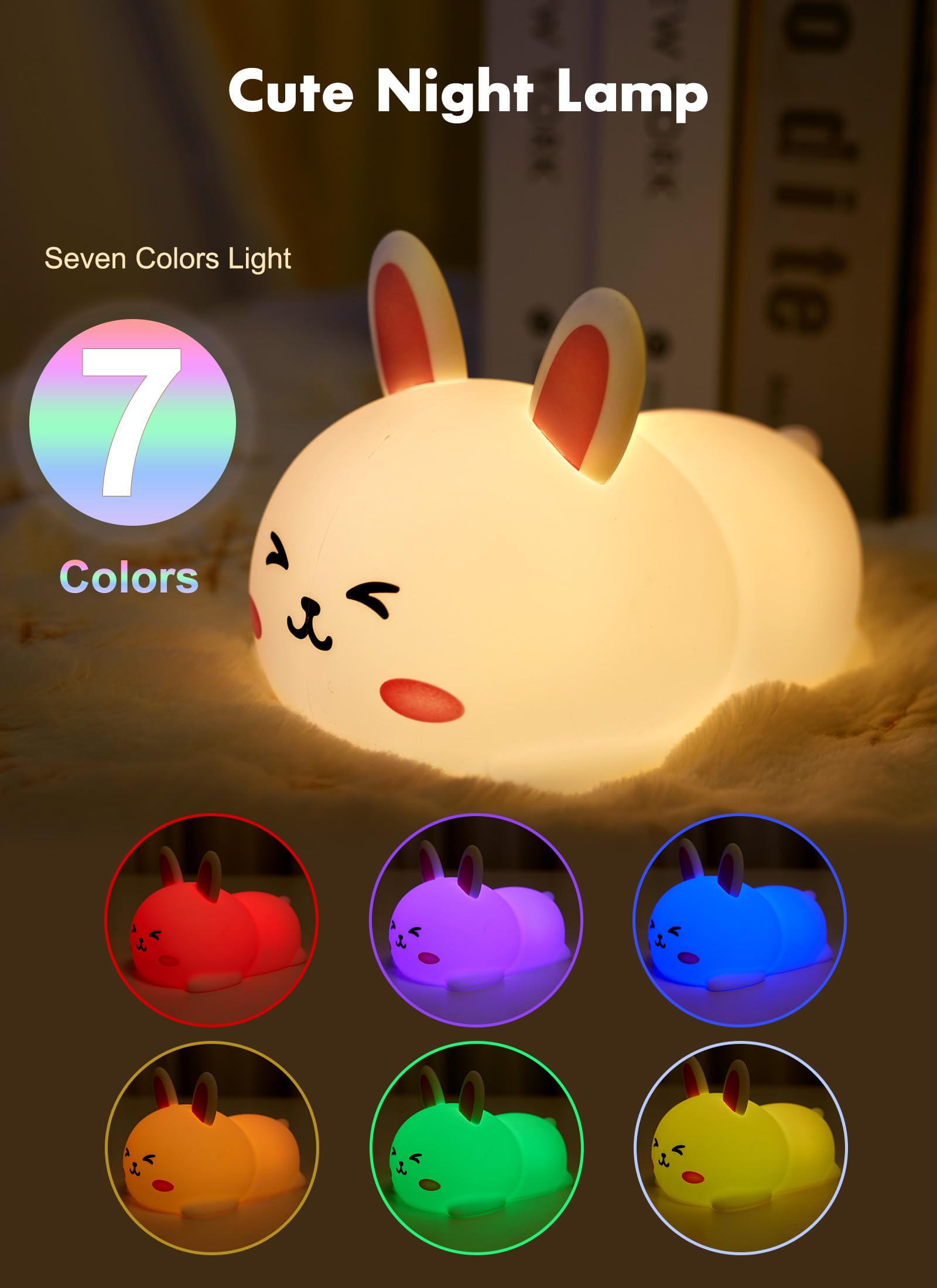 Minetom Bunny Night Light, Cute Silicone Night Light With 2 Levels Brightness, 7 Colors Kawaii Touch Lamp For Bedroom, Girls And Boys, Toddler, Baby Gifts (Tap Control)