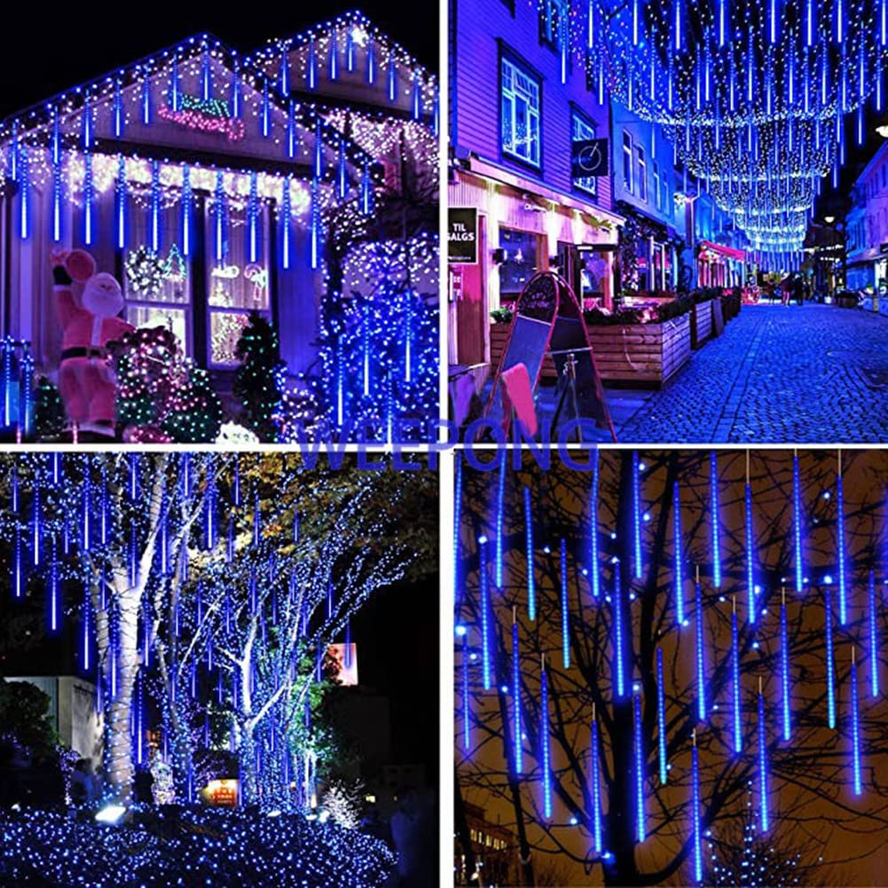 Weepong 12Inch Blue Meteor Shower Lights - UL Certified Cascading String Lights for Outdoor Christmas Tree & Garden Decor, 8 Tubes