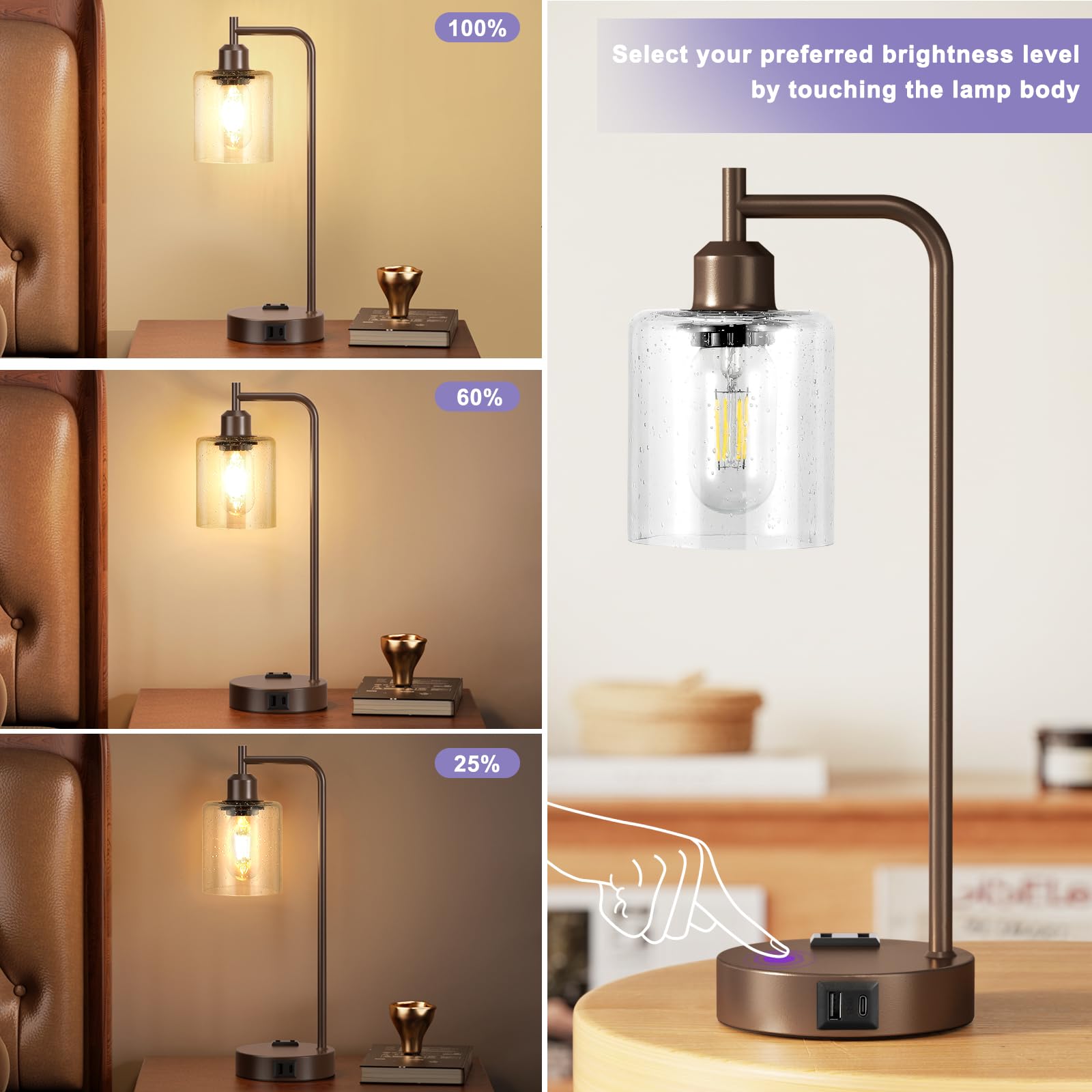 Innqoo Industrial Touch Table Lamps Set of 2 - 3-Way Dimmable, USB Ports, Brown Base & Clear Glass Shade for Living & Bedrooms