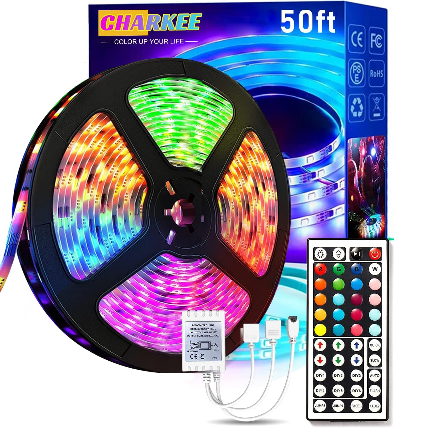 CHARKEE LED Strip Lights 50 ft, Color Changing RGB Tape Lighting with 44-Key Remote, Metal, Indoor Room Decor, Model 50IR522132-V1