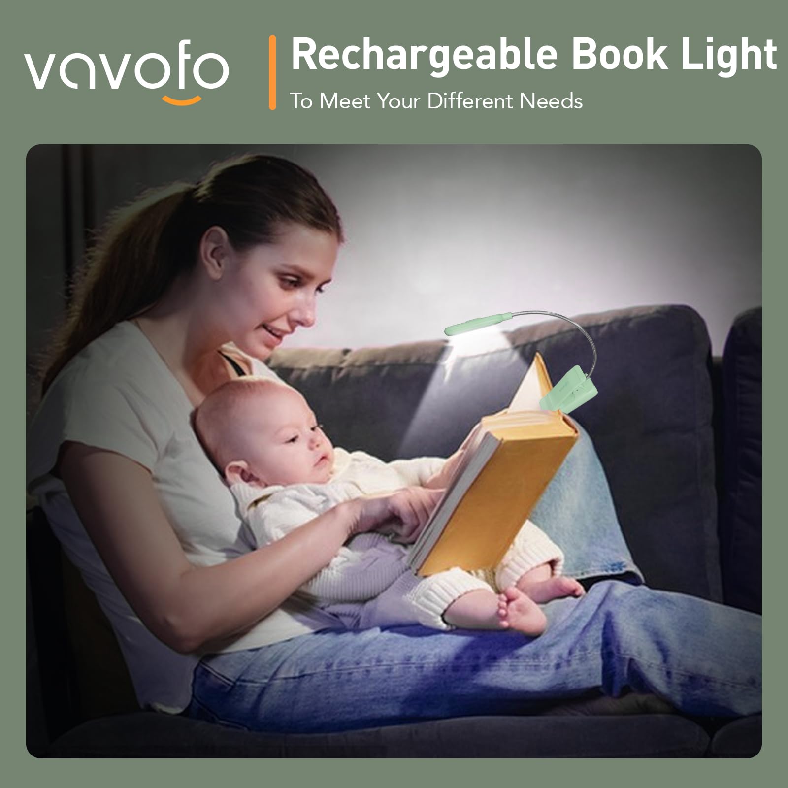 VAVOFO Rechargeable Book Light - 7 LED Eye Care Lamp, 9-Level Warm Cool White, Avocado Green, Model KM-6720