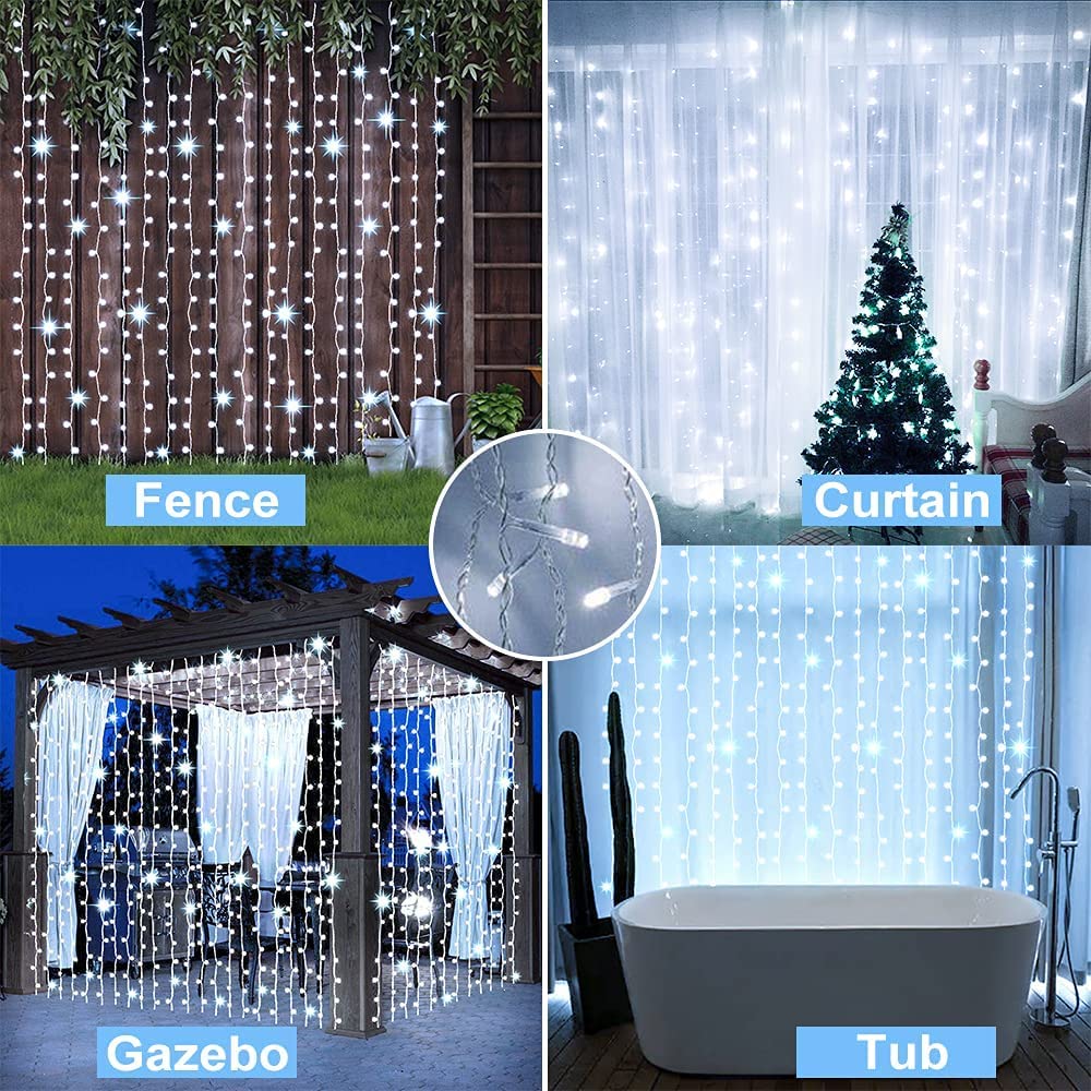 Whywhife Solar Curtain Lights 300 LED Fairy String Lights Waterproof Remote Control for Outdoor Garden, 1 Pack, White