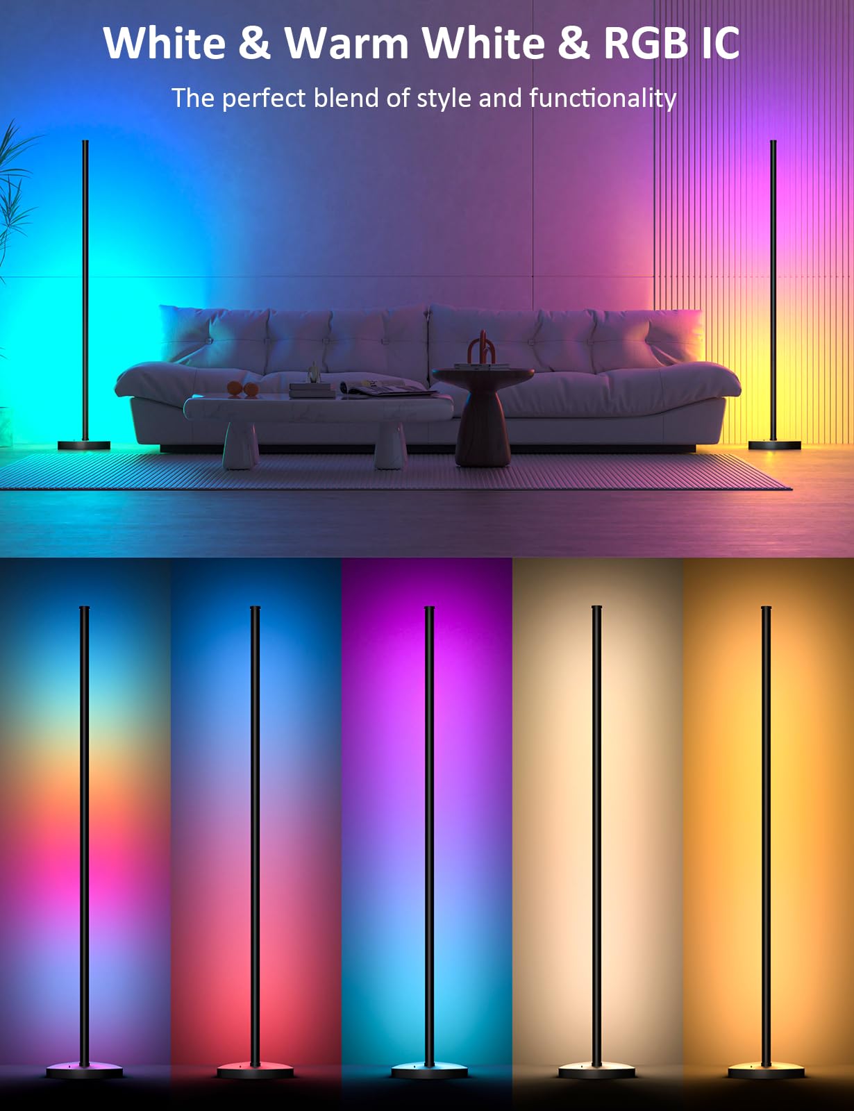 Rgb Ic Corner Floor Lamp, Led Corner Lamp With App And Remote Control, 16 Million Diy Color With Music Sync, Warm White Floor Li