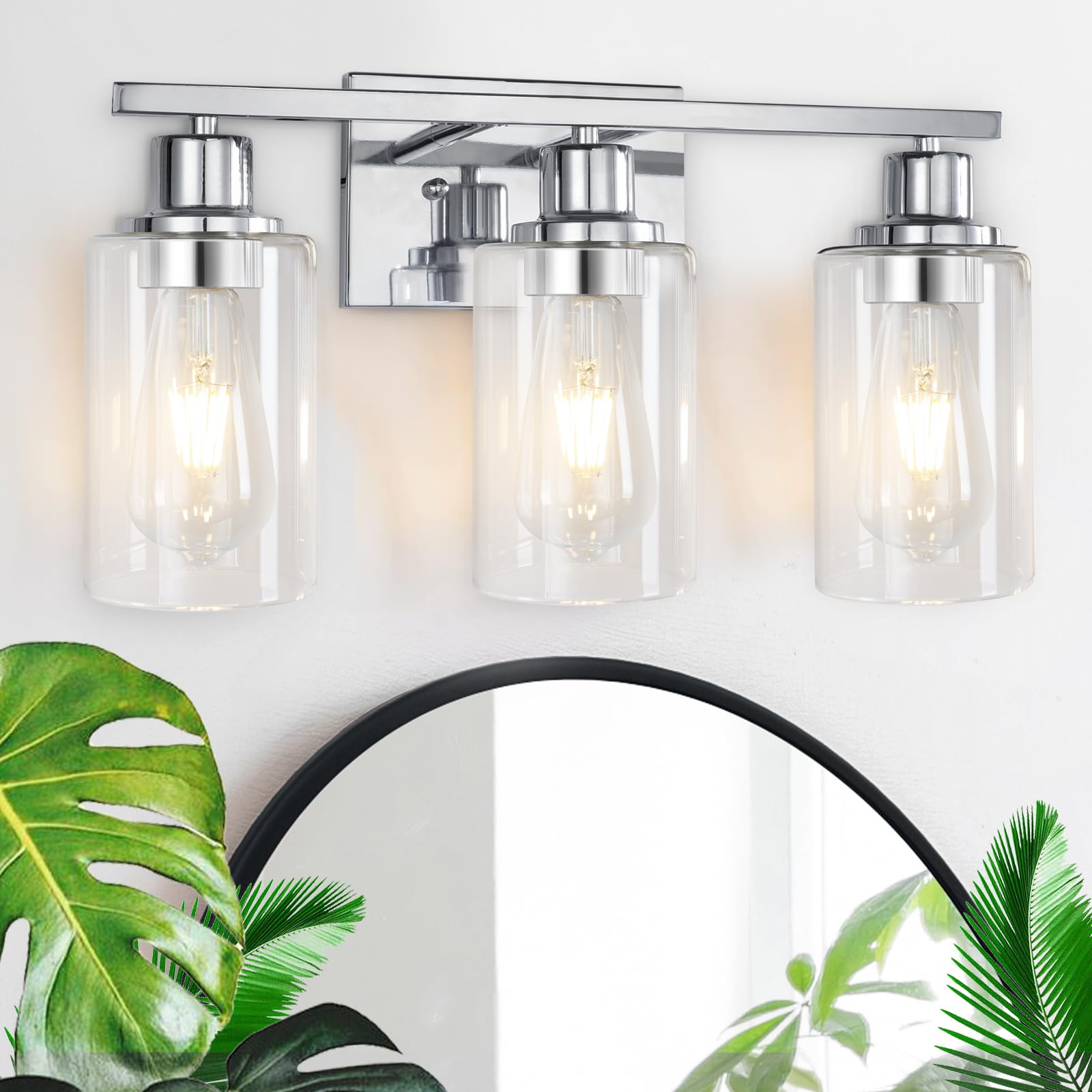 Apenath 3 Light Vanity Light Fixtures, Polished Chrome Wall Sconces, Metal Glass, Model FLUS-CH3L-01