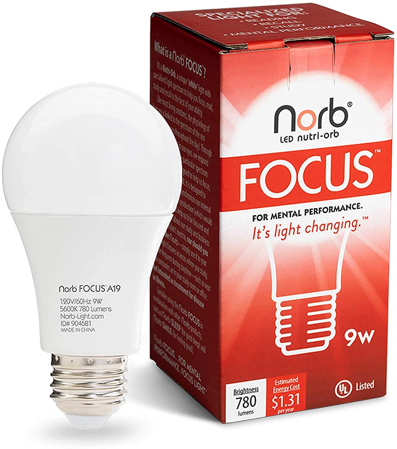 Norb Desk Lamp LED A19 1-Pack, White, Aluminum, Model FOCUS-A19-9W, Unique Spectrum for Study and Focus