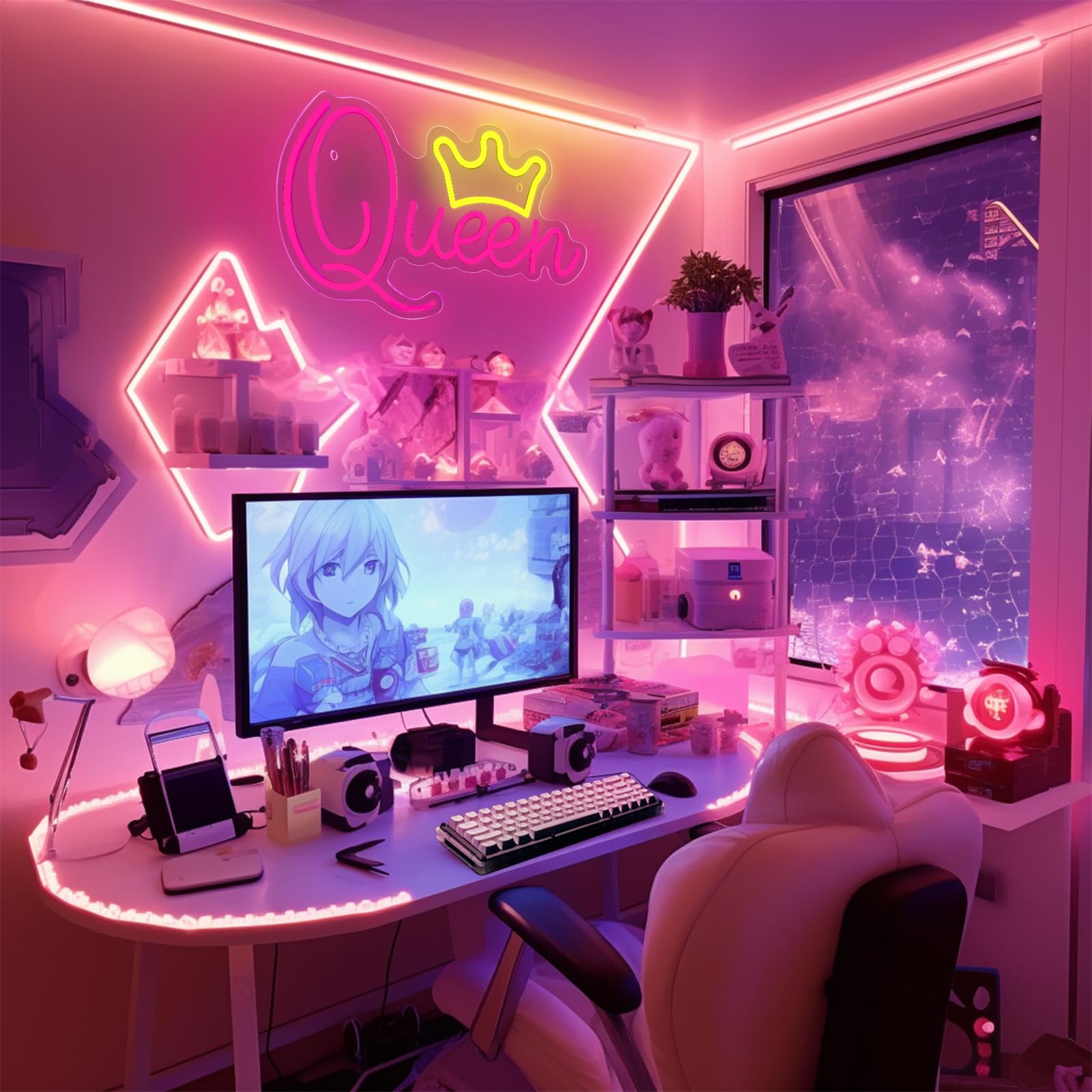 Queen Neon Signs Beautiful Pink Led Neon Lights Dimmable Led Light Sign For Girls Room Birthday Party Bedroom Lady Gifts Wali Decoration  Pink + Yellow