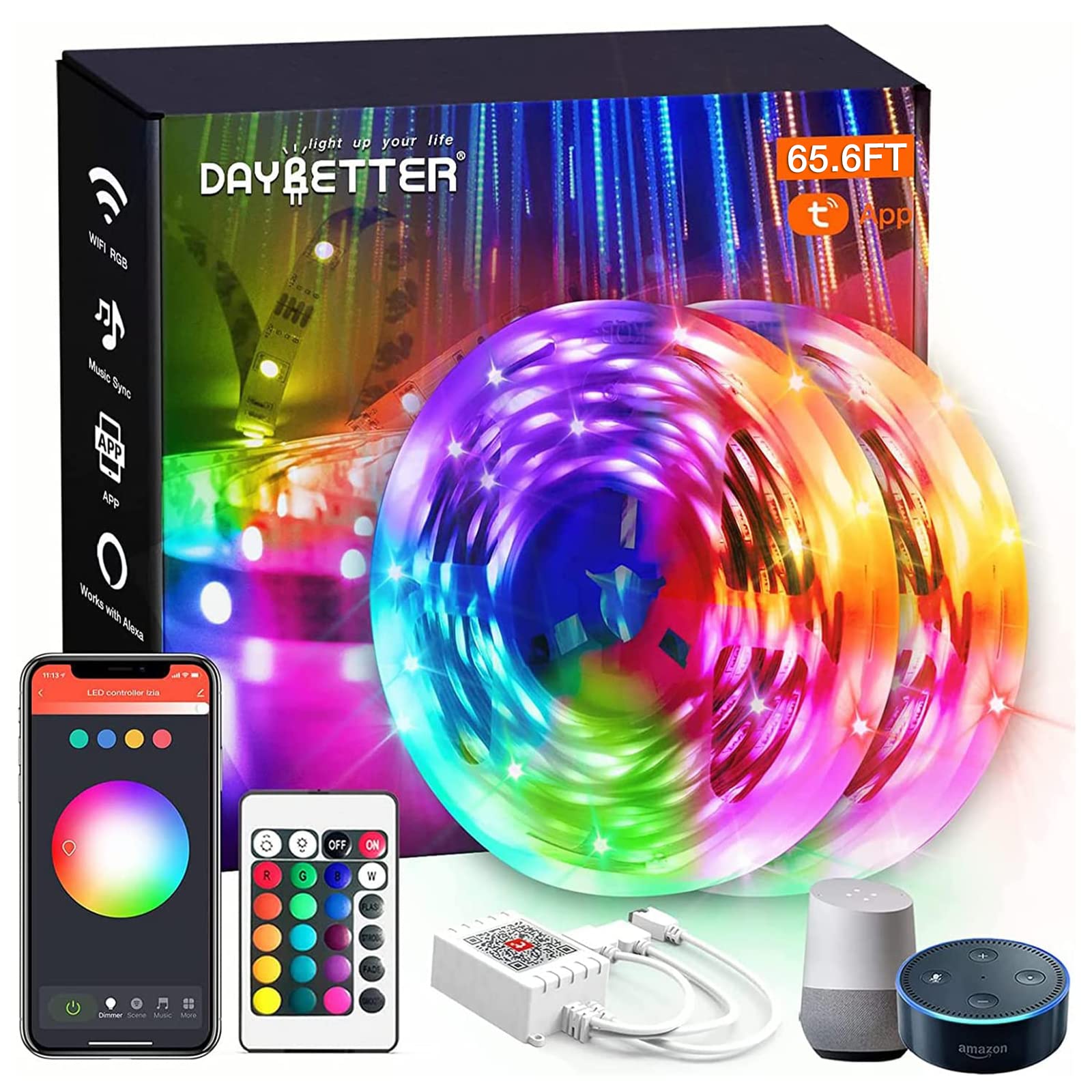 Daybetter 65.6Ft Wifi Smart Led Lights - App Controlled, Multi-Color, 2 Rolls Of 32.8Ft, Plastic, Model Flsl501210Wif