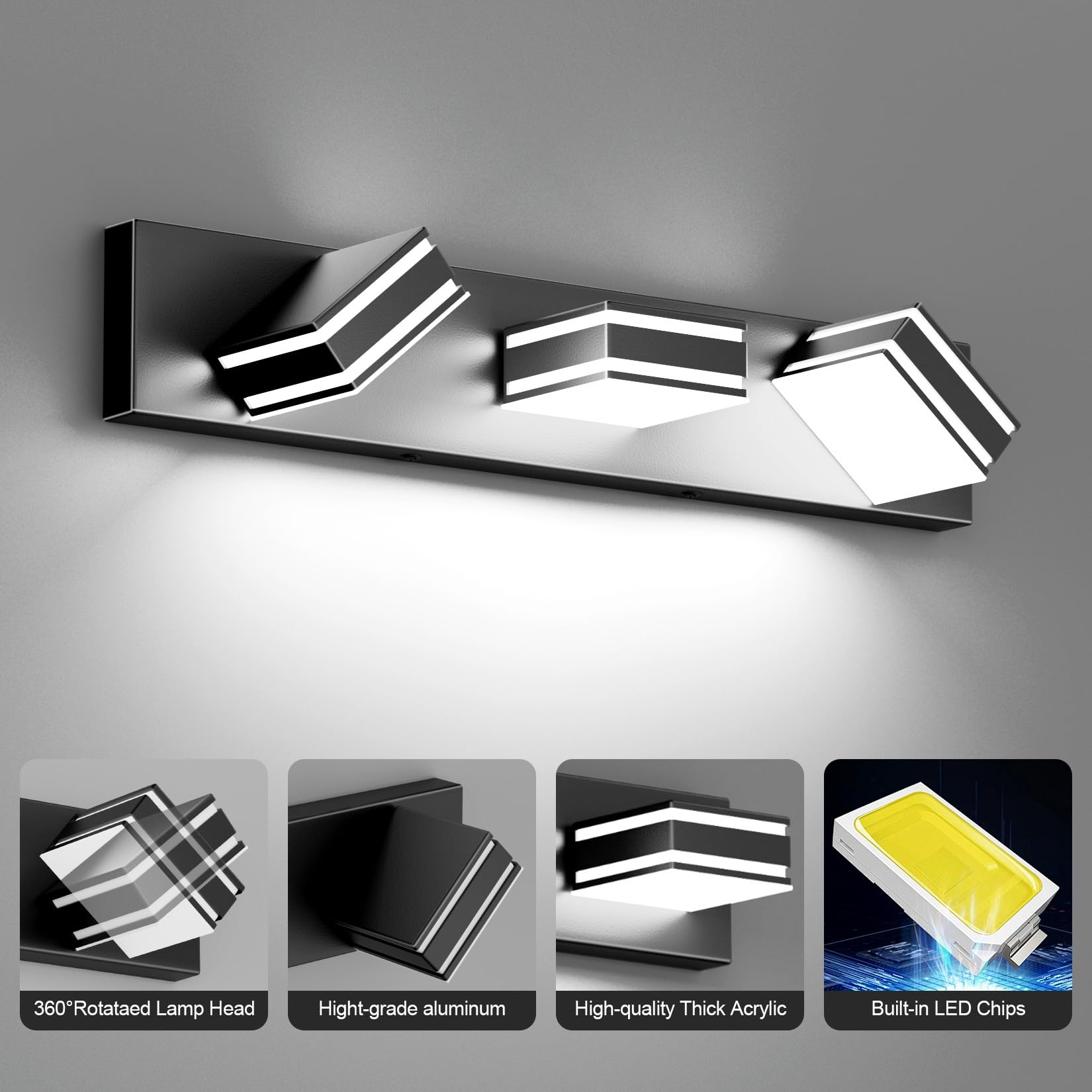 Ralbay Led Modern Bathroom Vanity Lights Black 3-Light 24Inch Matte Black Modern Acrylic Bathroom Wall Lighting Fixtures Over Mi