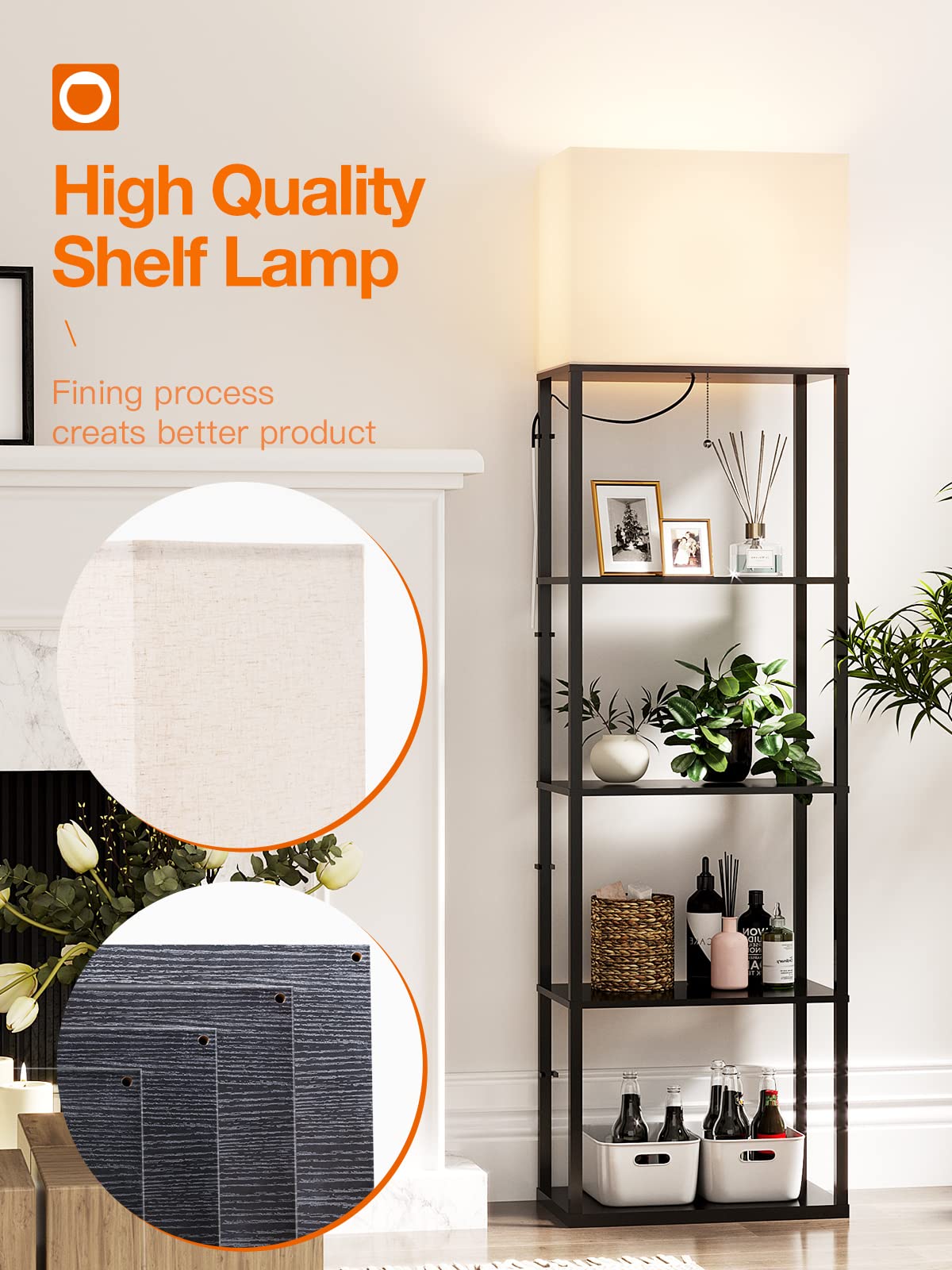 addlon Floor Lamp with Shelves, 19in W, 5-Tier, LED Bulb, Black, Modern Design for Living Room, Bedroom, Office