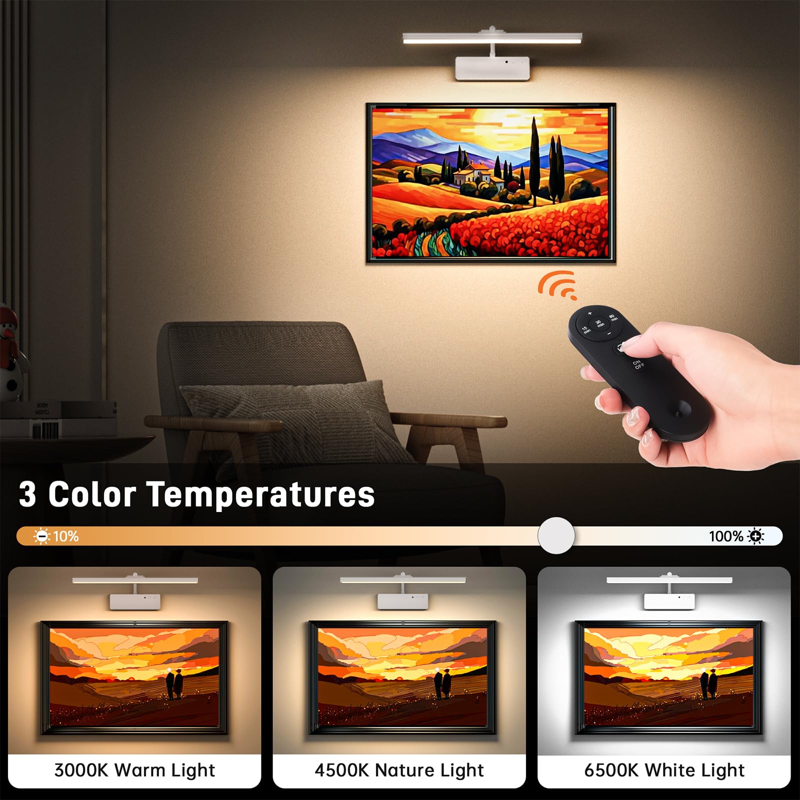 Racokky Picture Light, 15.35inch Wireless Art Light, 5400mAh Battery, Remote, Dimmable, 3 Color, White, Model L300-White