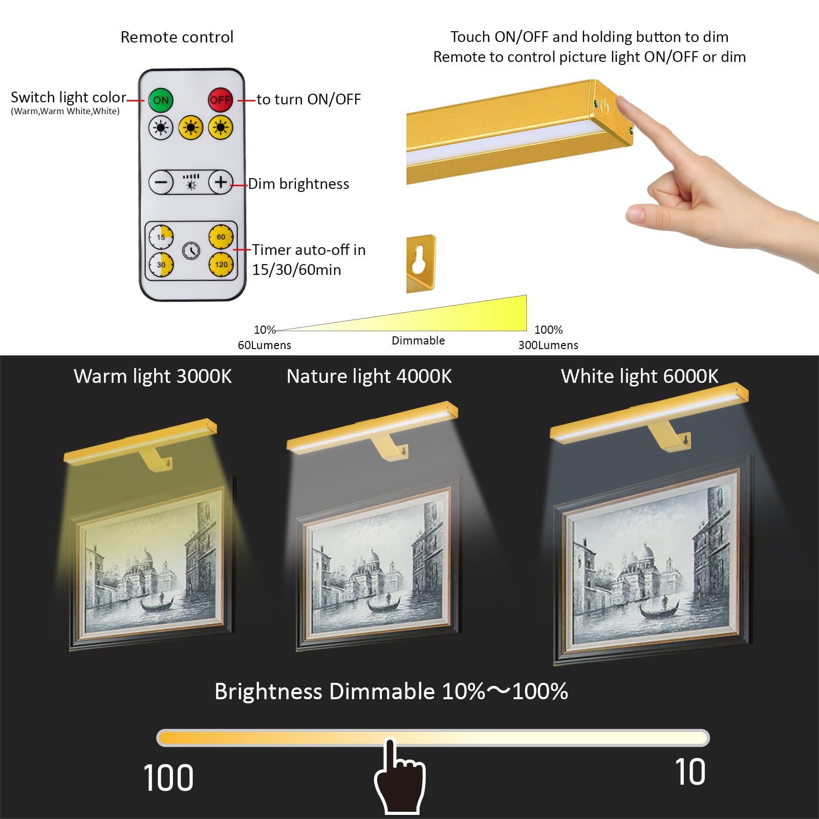 Mioblue Wireless Picture Lightswith Remote, Rechargeable Battery Art Display Light, Dimmable/Timer Off Dartboard Light, 16In Ful