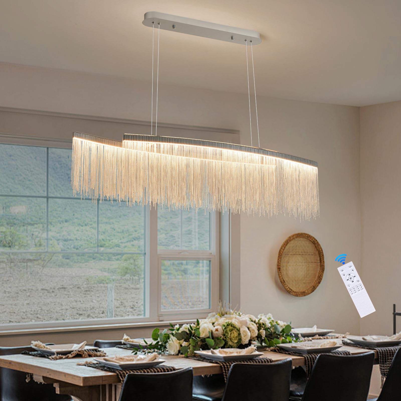 Puvaue Aluminum Chandelier, LED Rectangular Light Fixture, Remote Control, L59 Inch, Silver, Model Puvaue-1500-LS