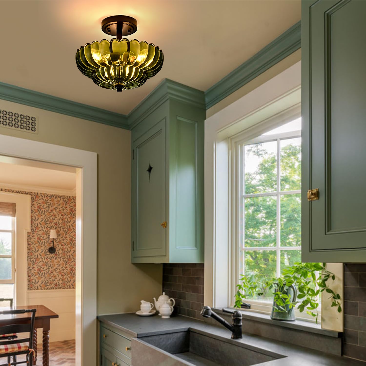 Semi Flush Mount Ceiling Light Fixture  Green Glass 3-Light Modern Vintage Ceiling Lights  Scalloped Close To Ceiling Light  Black Base Flush Mount Ceiling Light For Hallway Bedroom Entryway Kitchen