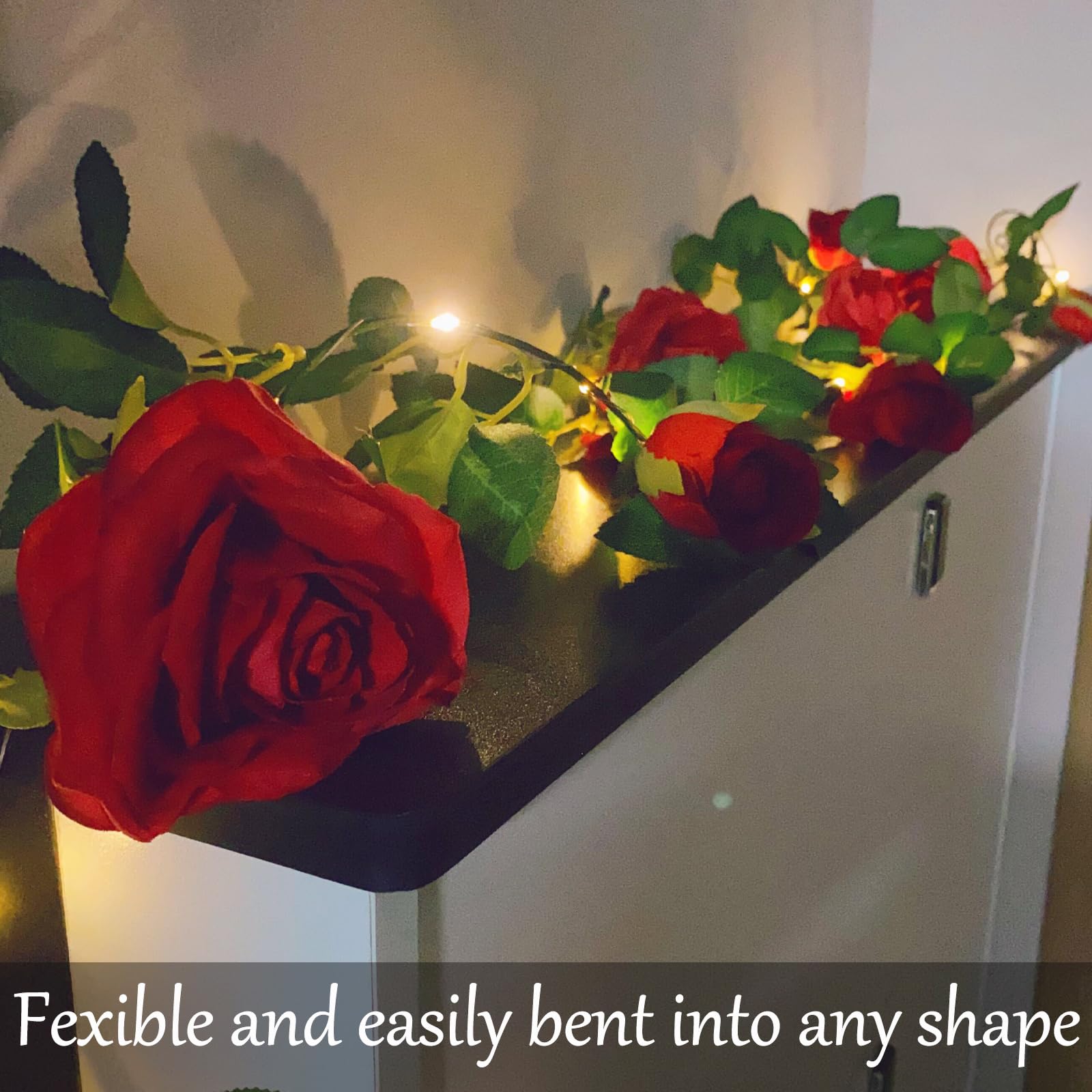 Fielegen 20 LED Rose Vine Lights, Red Plastic Garland, 6.56ft with Timer, Model 9Rose-Red for Home Garden Wedding Decor
