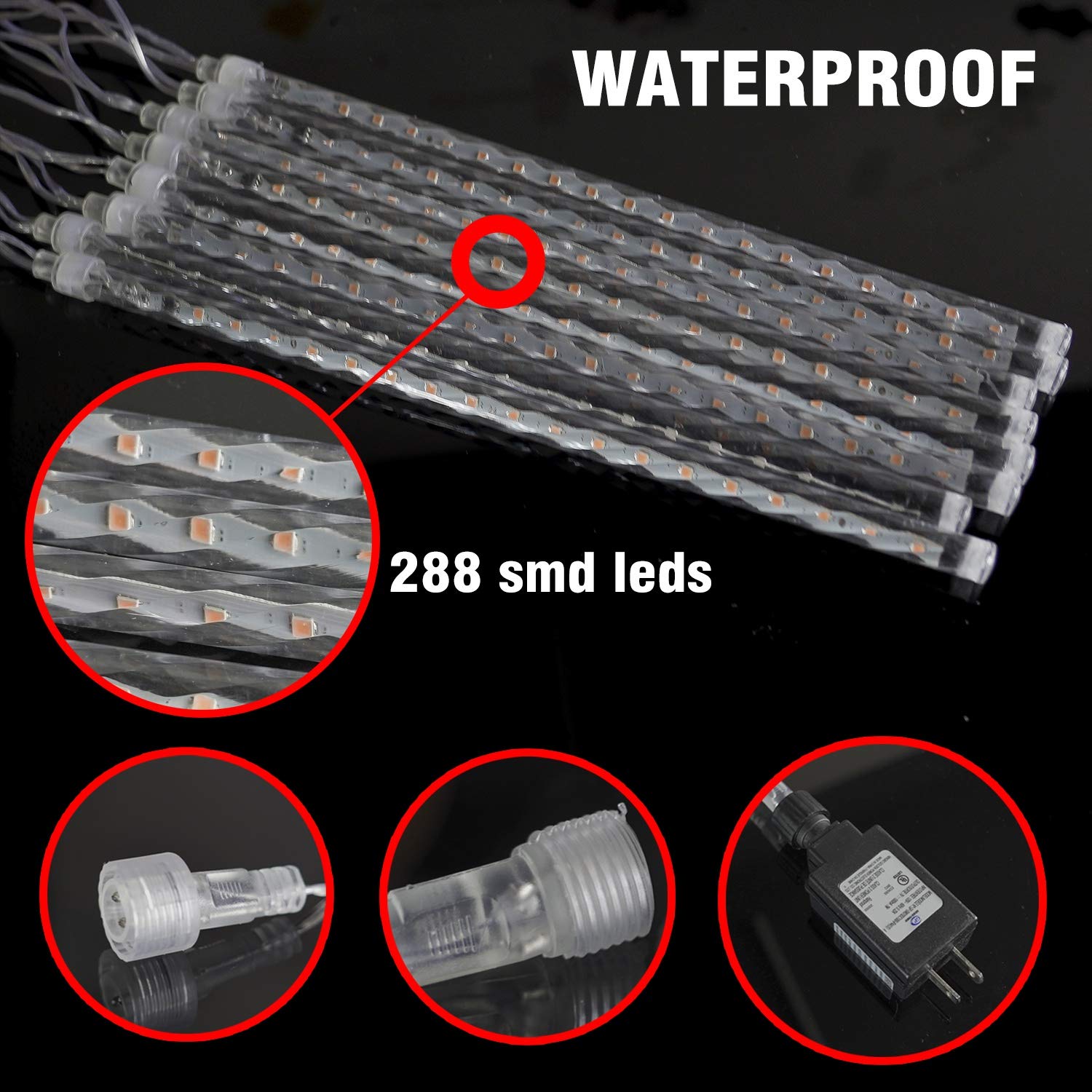 FUNPENY Meteor Shower Rain Lights, 288 LED Icicle Lights, White, Model HB-300COI, Outdoor Christmas Decoration
