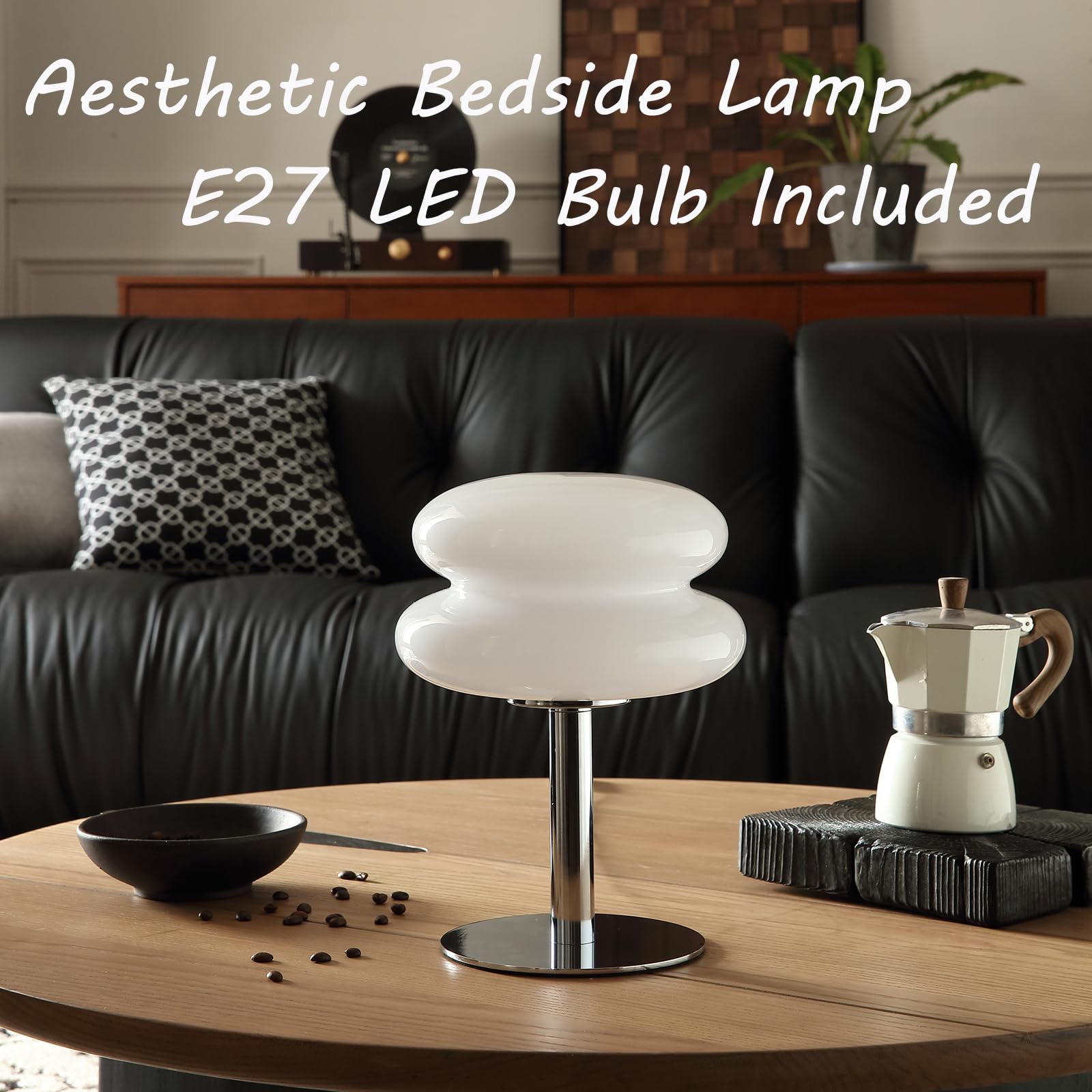 Glivpny Mid Century Modern Dimmable Bedside Table Lamp, Small Glass, White, Model HB003