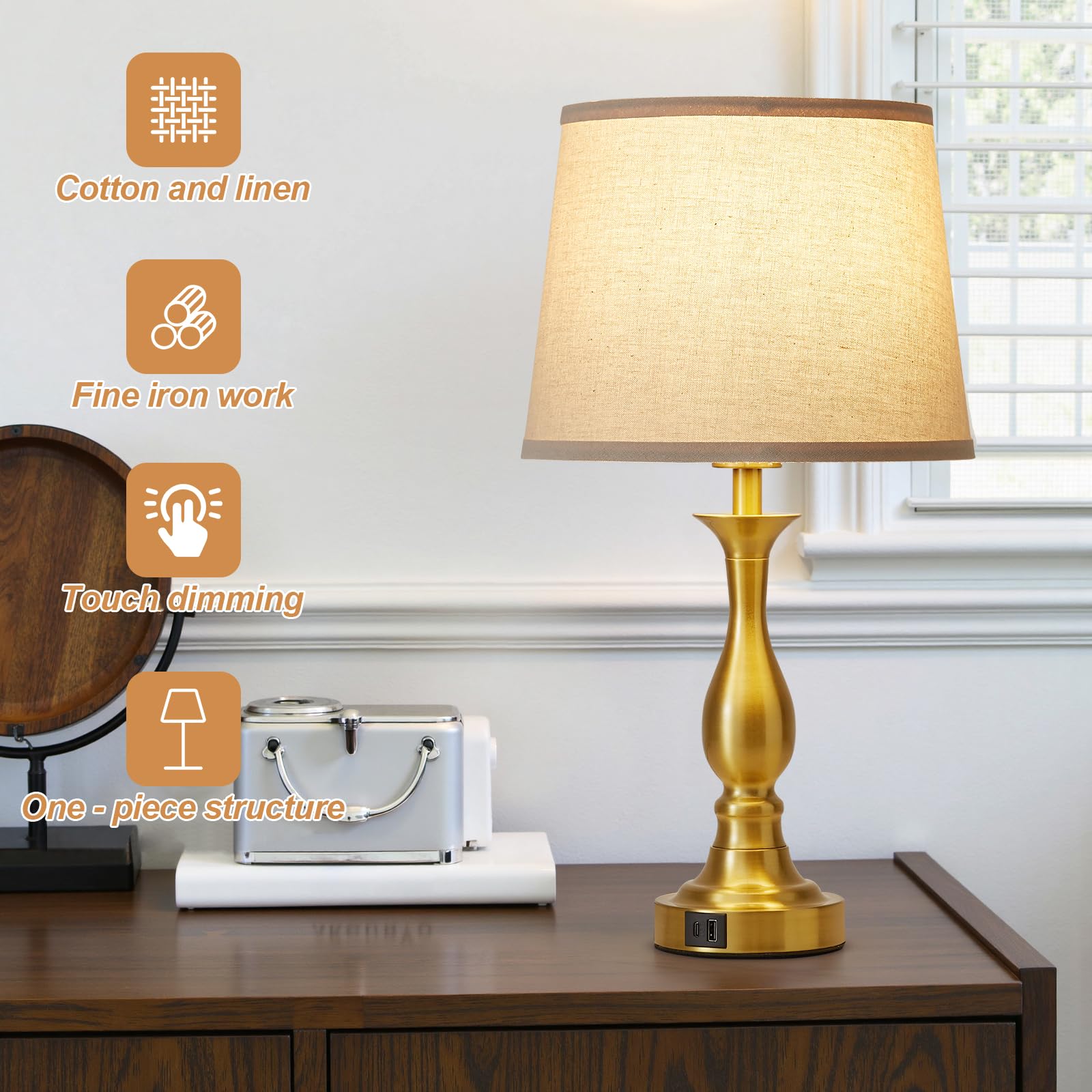 Lauag Bedside Table Lamp Set of 2 - Touch Control, 3-Way Dimmable, USB-C & USB-A, Gold, Standard Size, Metal