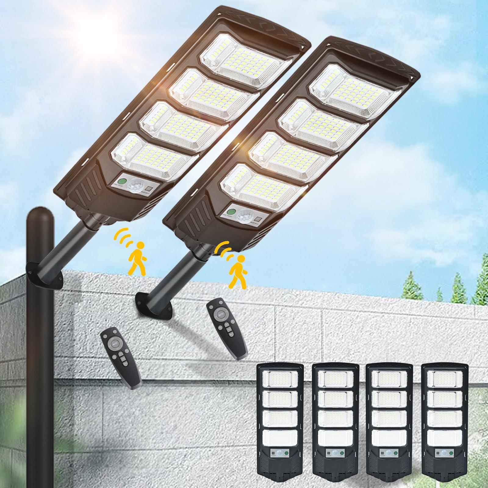 4 Pack Solar Street Lights Outdoor Waterproof 6500K 12000LM 5730SMD LEDs Solar Flood Lights Dusk to Dawn Solar Parking Lot Light