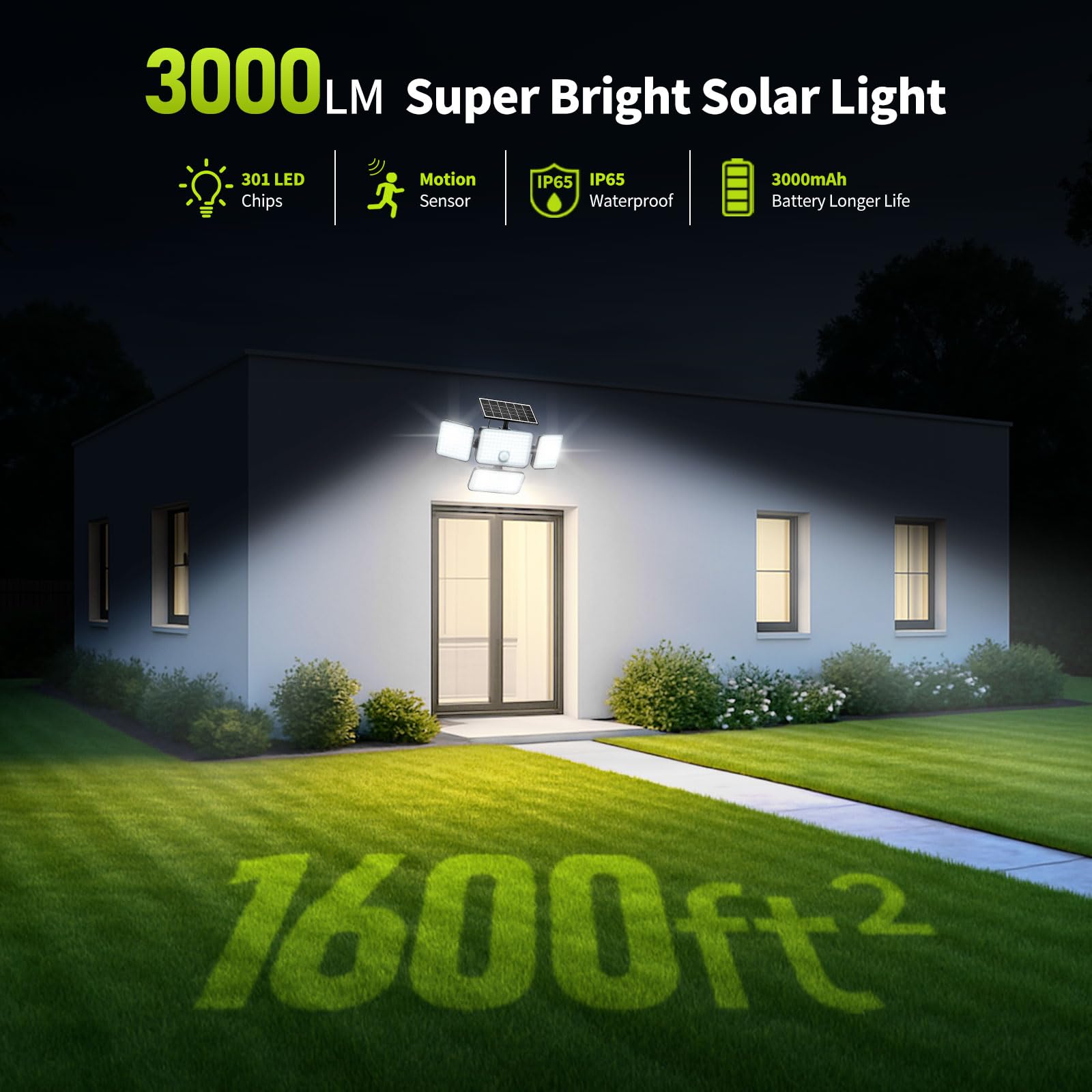 LUMLLSAJI Solar Flood Lights 3000 Lumen Motion Sensor 4 Heads IP65 Waterproof 1 Pack with 20 Ft Cord