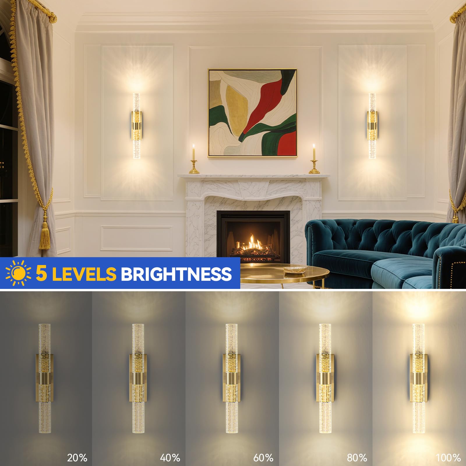 TPSHPTS Dimmable Battery Operated Wall Sconces, 15.7-Inch Gold Acrylic, Set of 2 with Remote, Rechargeable for Bedroom & Living Room Decor