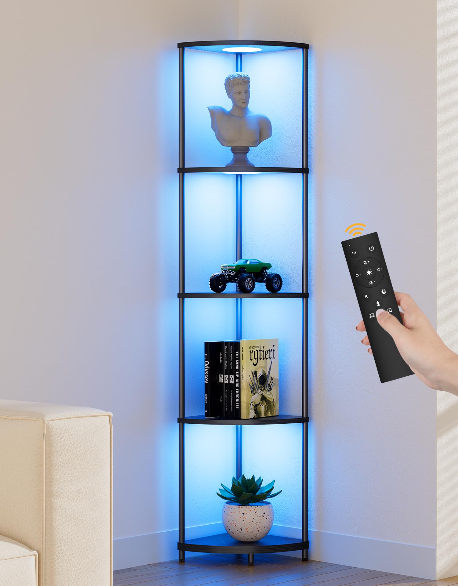 Corner Shelf with RGBCW LED Light, 64.5    Tall Floor Lamp Narrow Bookshelf Organizer, Standing Shelves with Metal Pole, Display