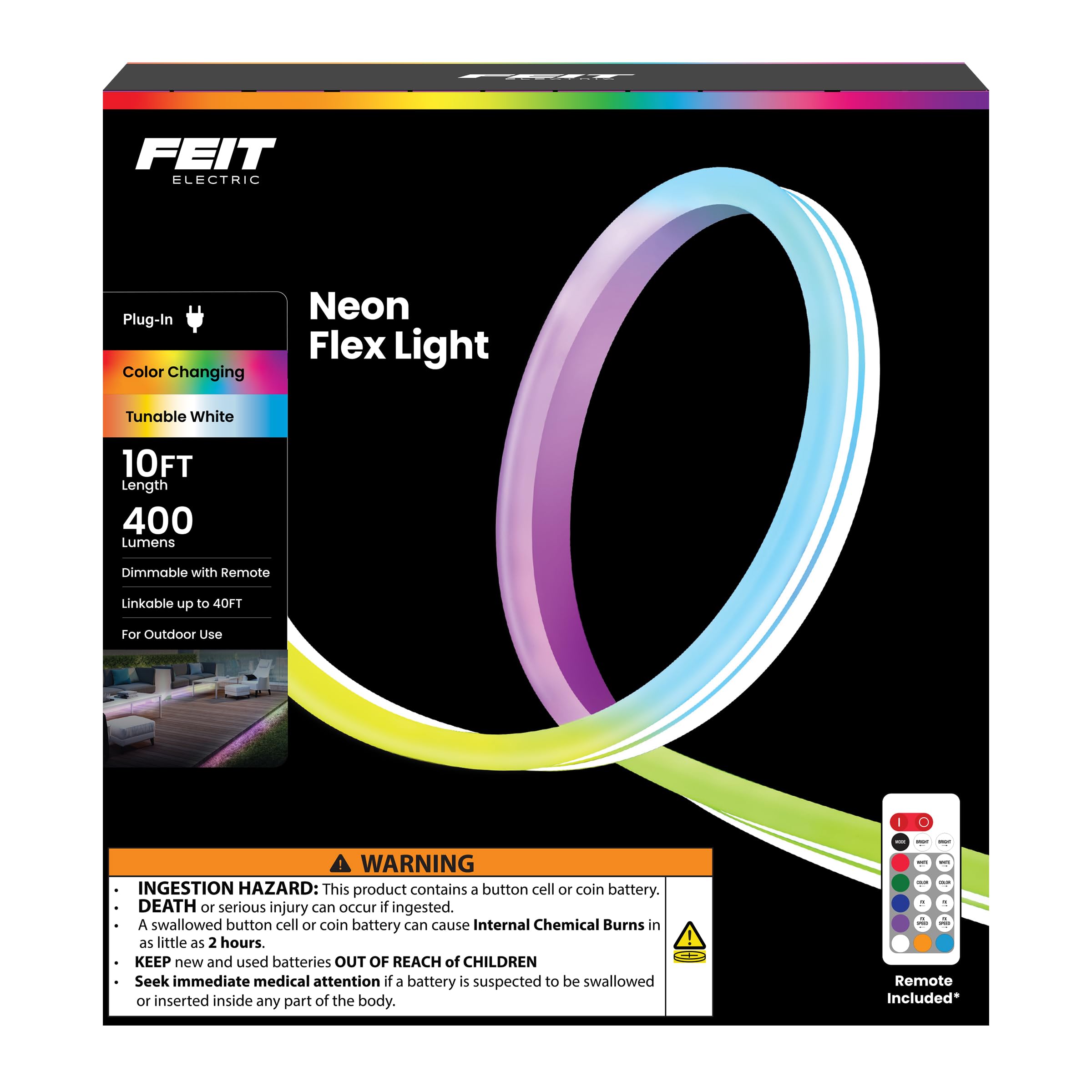 Feit Electric 10ft Outdoor Neon Flex Light, Dimmable, RGB + Tunable White, Bendable, Model NF10/CHASE