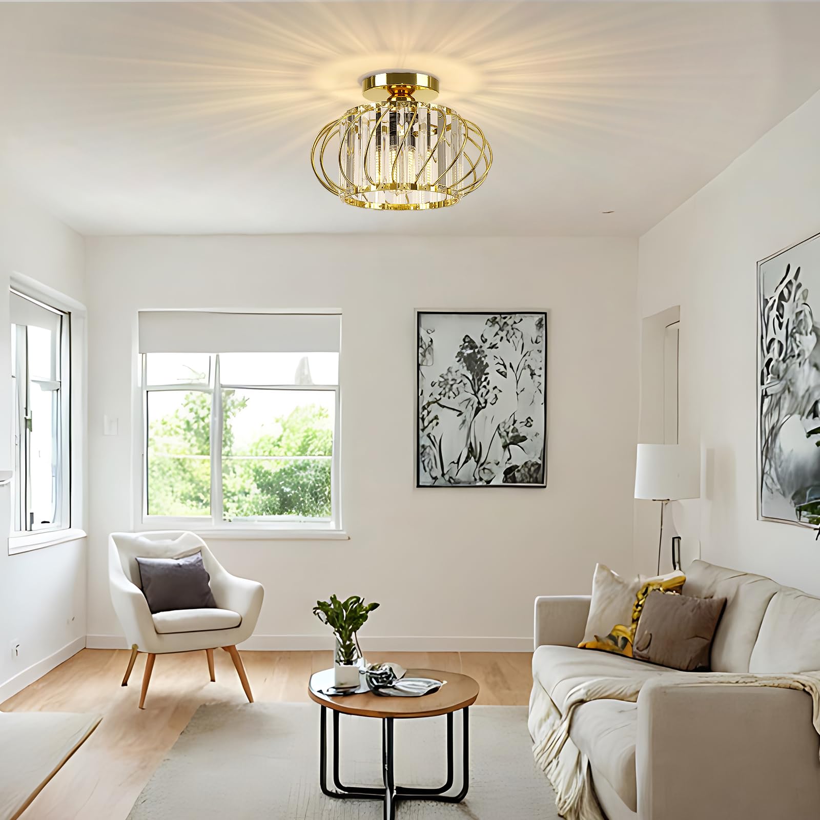 Frideko Home Semi Flush Mount Ceiling Light - Crystal Chandelier Hallway Lighting Fixtures Ceiling Gold Ceiling Light Fixture Fo