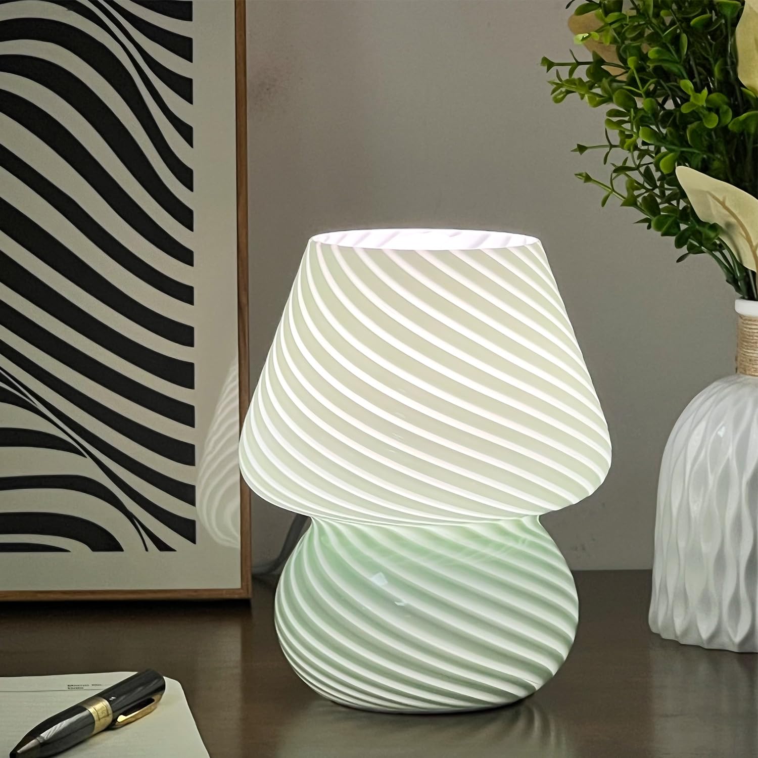 Jonong Bedside Lamp Glass Striped Mushroom Table Lamp With 3 Color Modes Led Small Decorative Table Lamp For Gift Present,Suit F