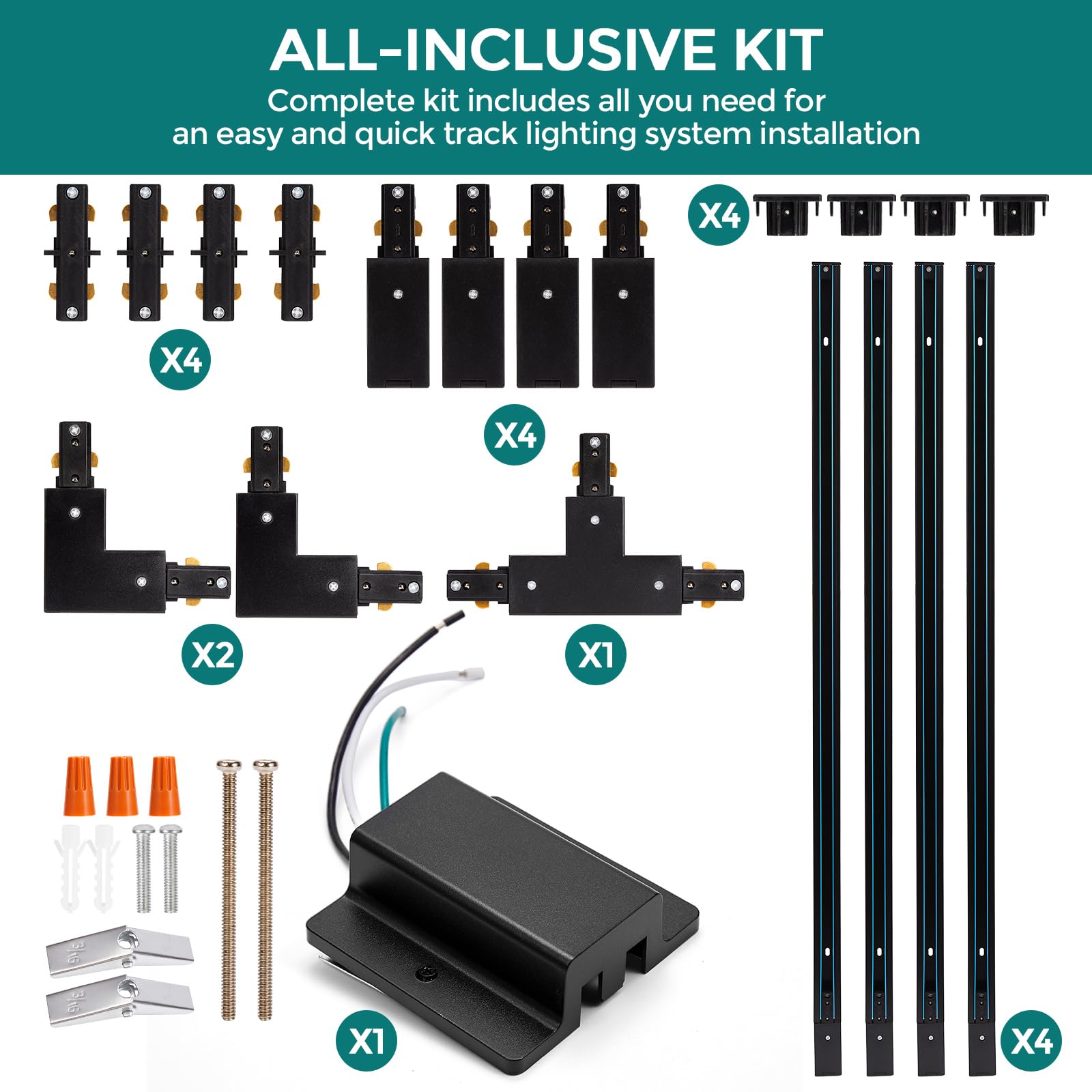 H Track Lighting Rails Kit - Icreating 13Ft Black Track Light Track 3 Wire With Floating Canopy Connector, I And L Connectors Fo