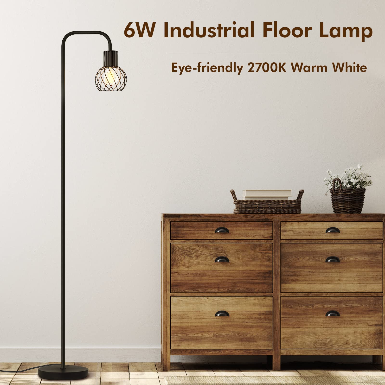 AUQUEE Industrial Floor Lamp with 6W LED Bulb, Minimalist Metal Design, Black, Model AQ1216US-1
